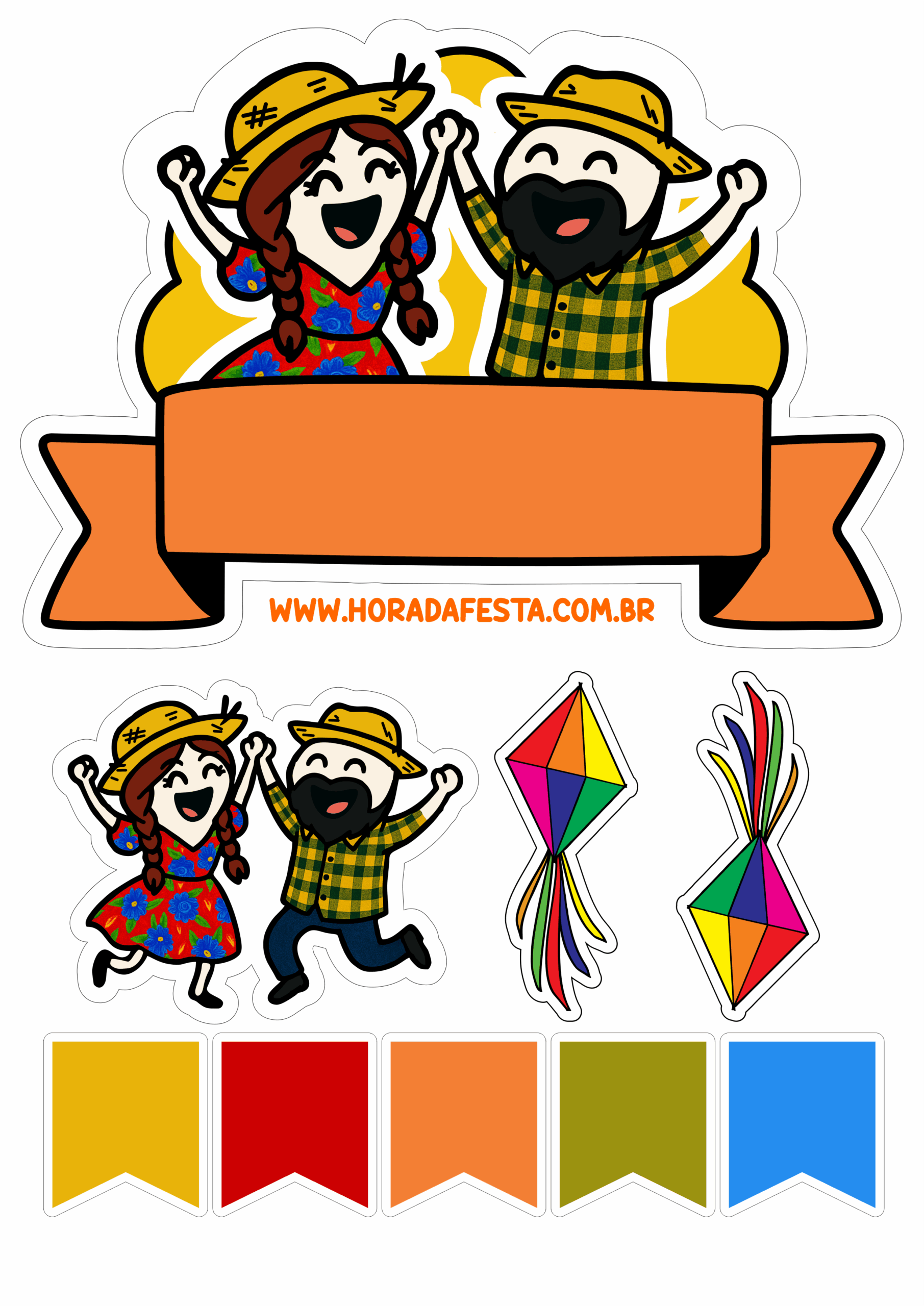 Flork of cows festa junina topo de bolo para imprimir São João com bandeirinhas e balões quadrilha png