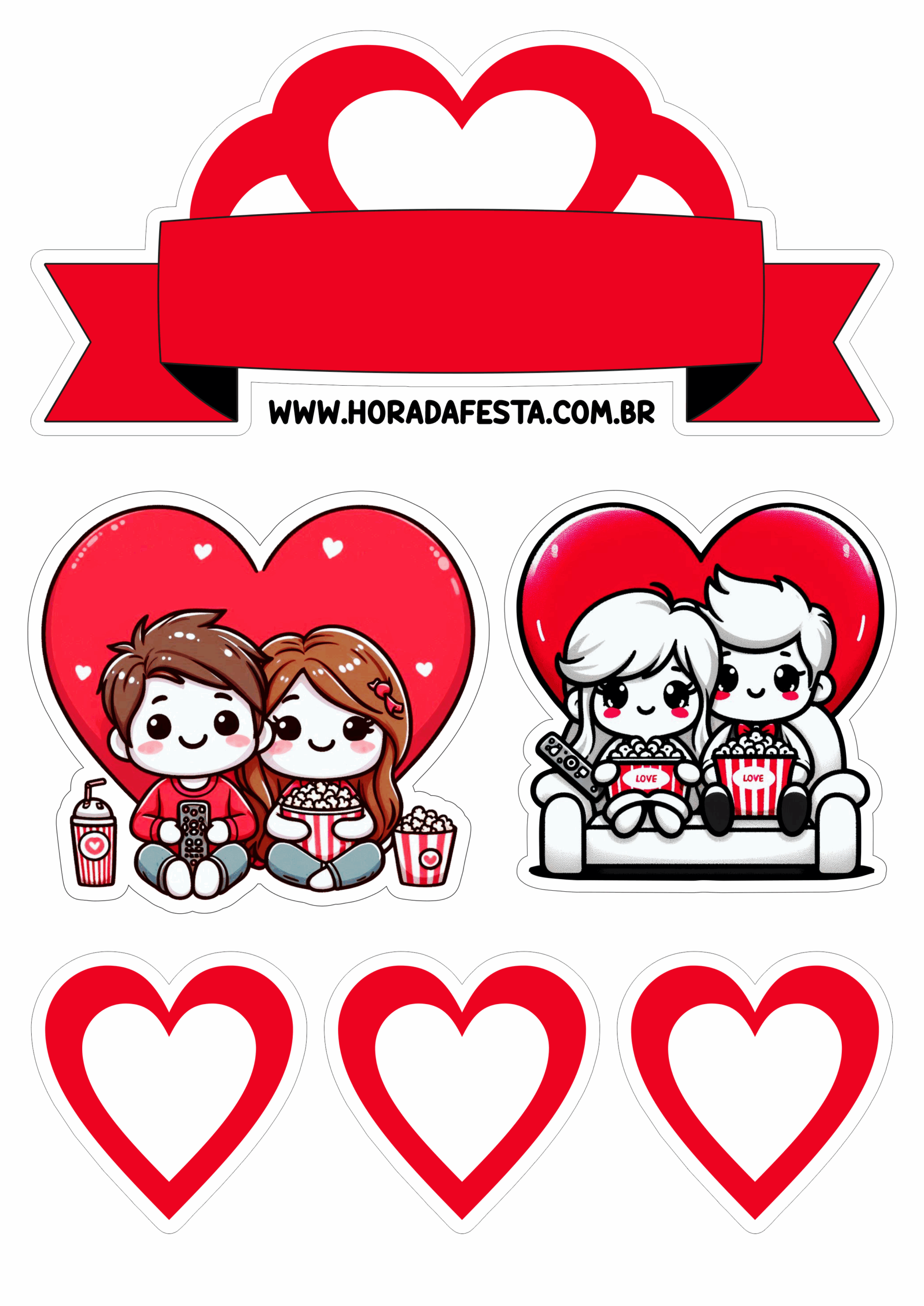 Dia dos namorados topo de bolo casal fofinho com corações desenho simples decoração png