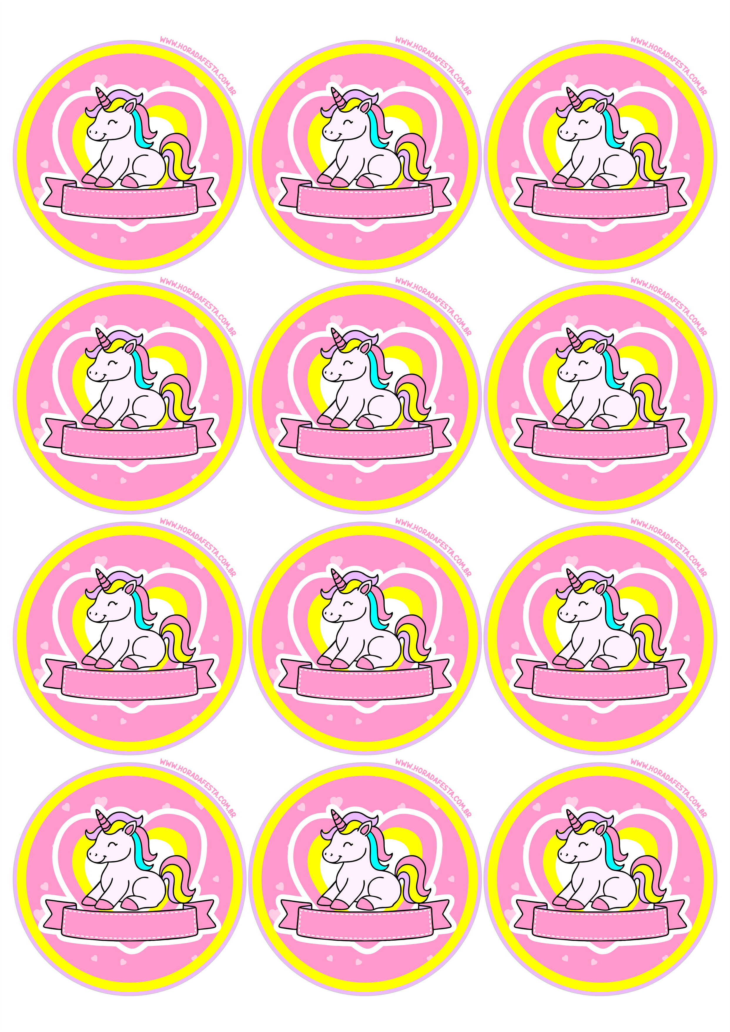 Adesivo redondo unicórnio fofinho rosa decoração de festa de aniversário para imprimir 12 imagens png