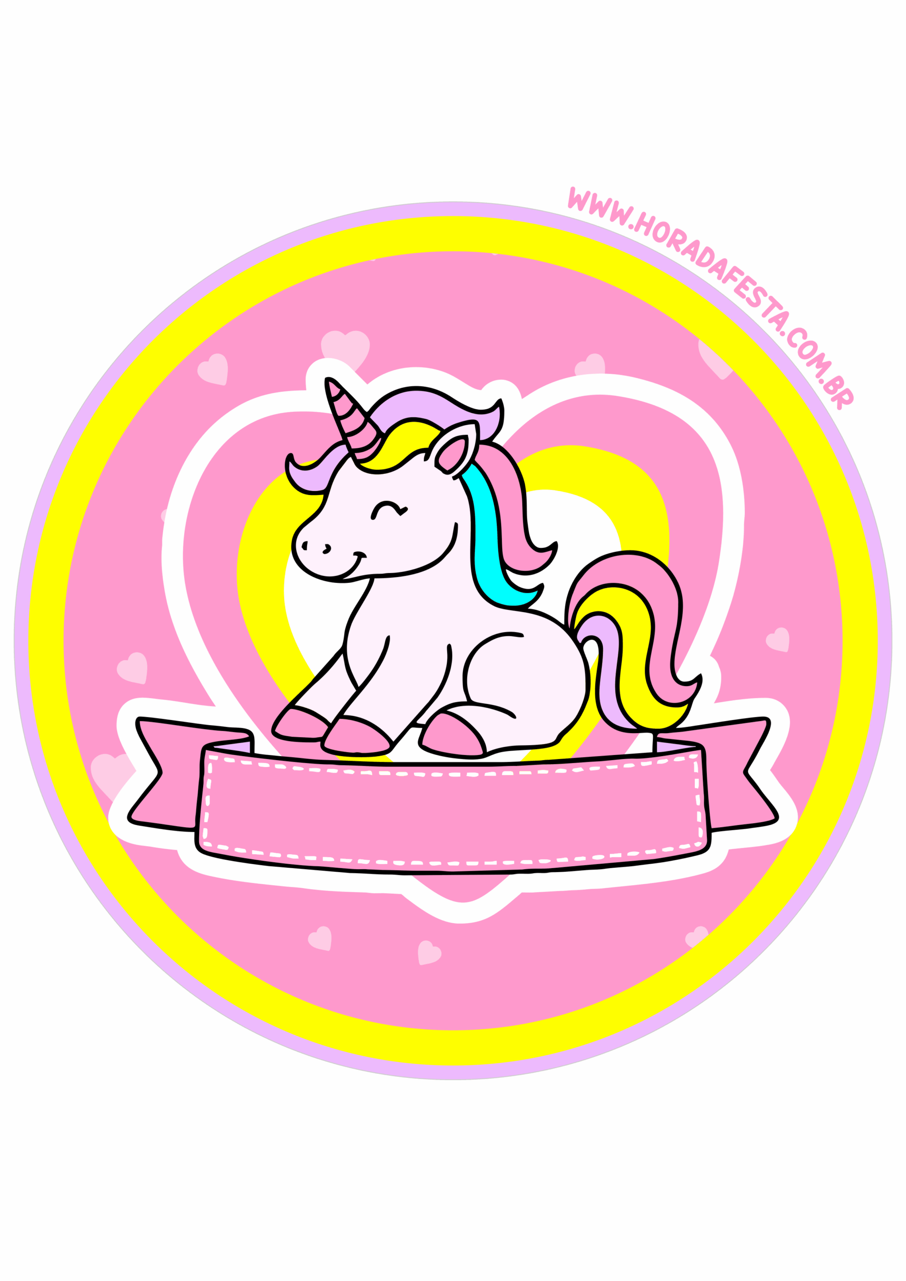 Adesivo redondo unicórnio fofinho rosa decoração de festa de aniversário para imprimir png
