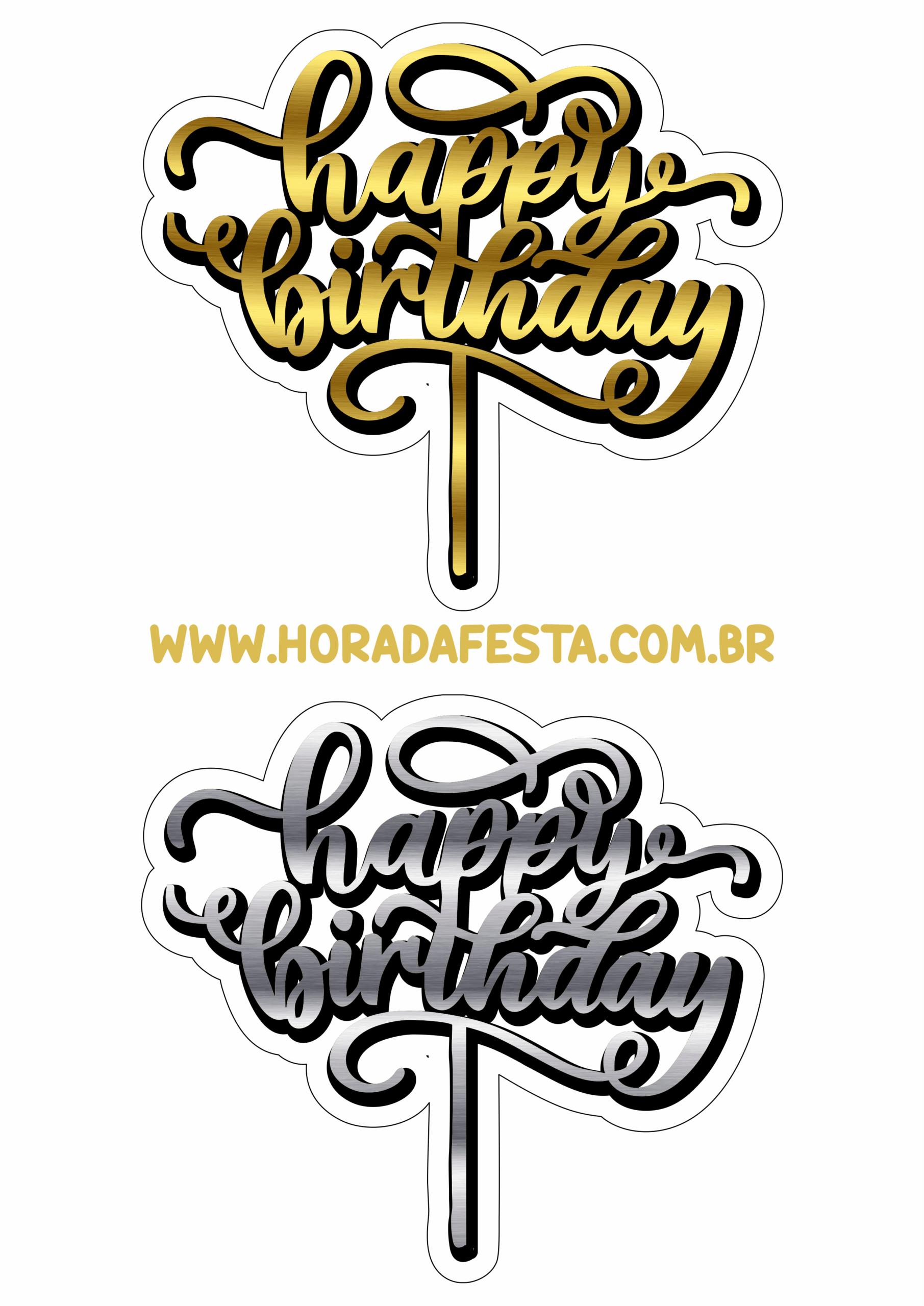 Happy Birthday Cake topper printable golden and silver free download png