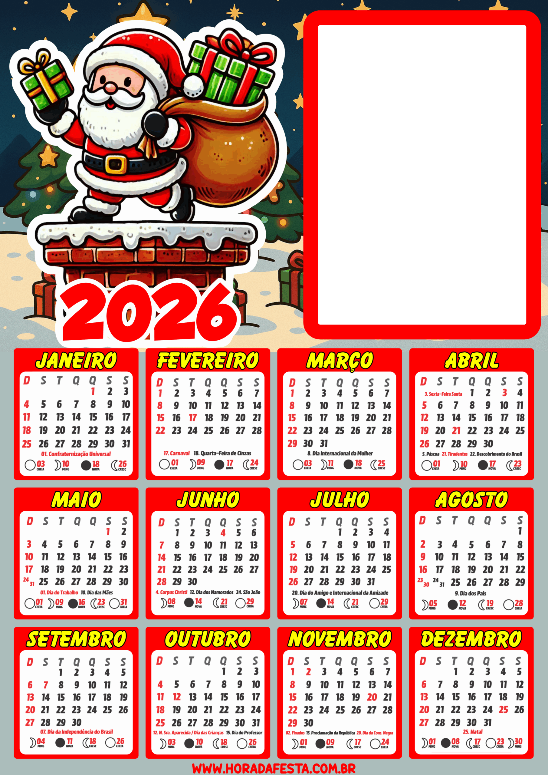 Calendário 2026 editável com foto feliz natal tema infantil papai noel artes natalinas png