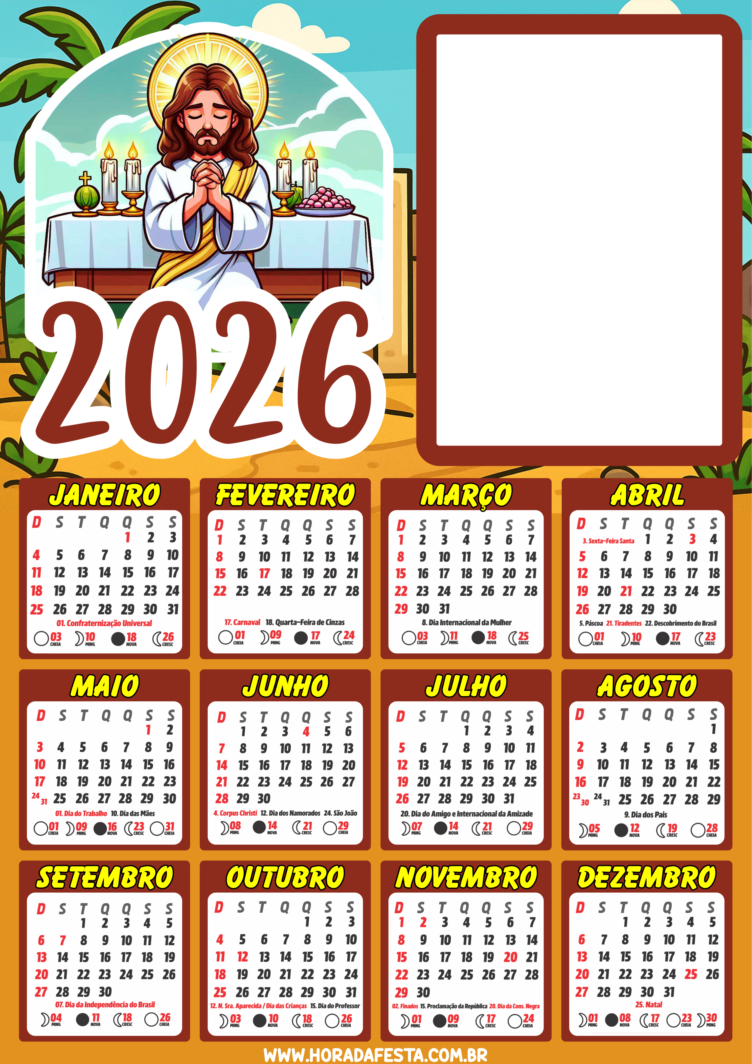 Calendário 2026 religioso personalizado Jesus Cristo png