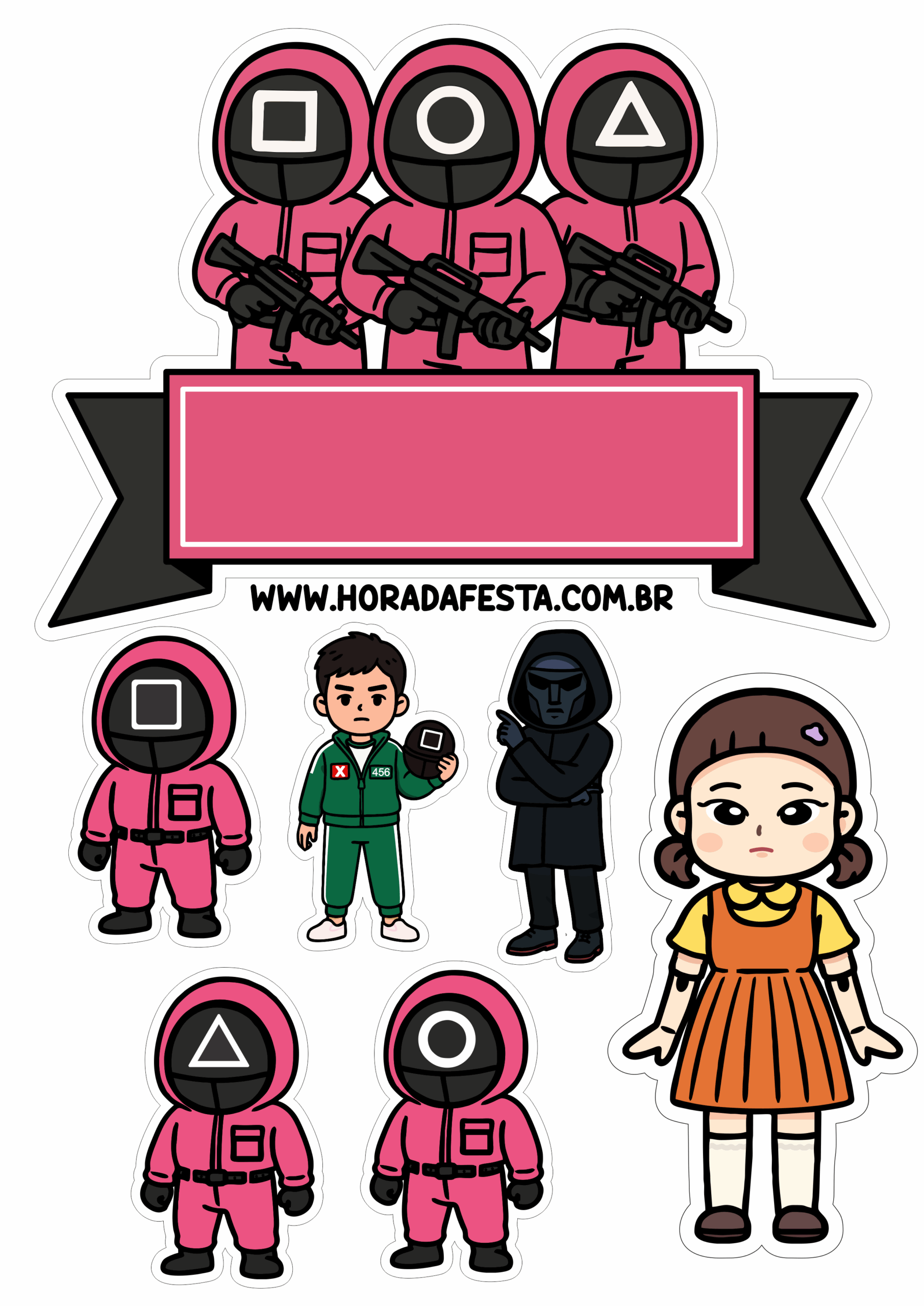 Squid Game Topper cake printable for birthday party pink soldiers players and doll png
