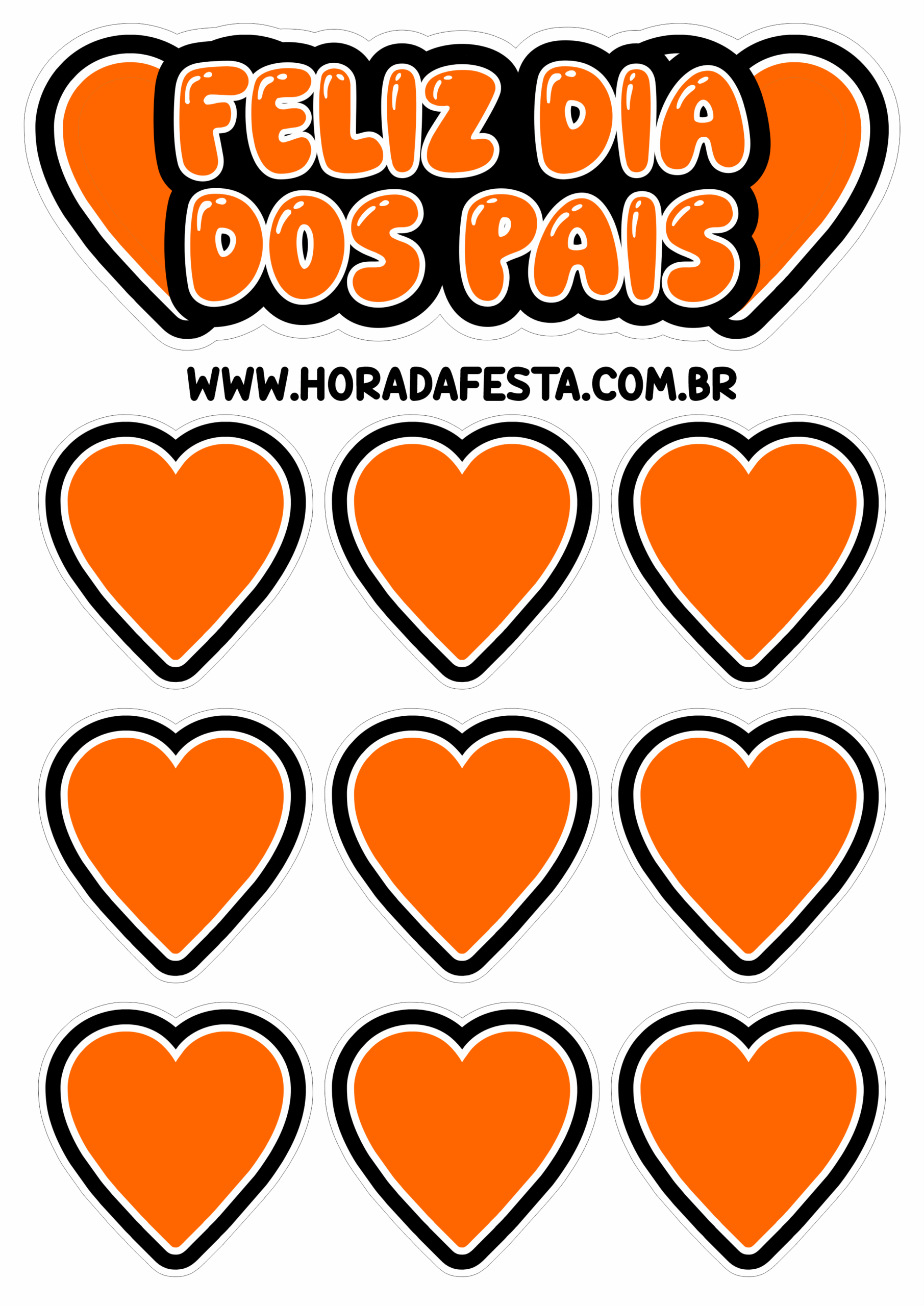 Feliz dia dos pais topo de bolo laranja com corações para imprimir e decorar sua festa png