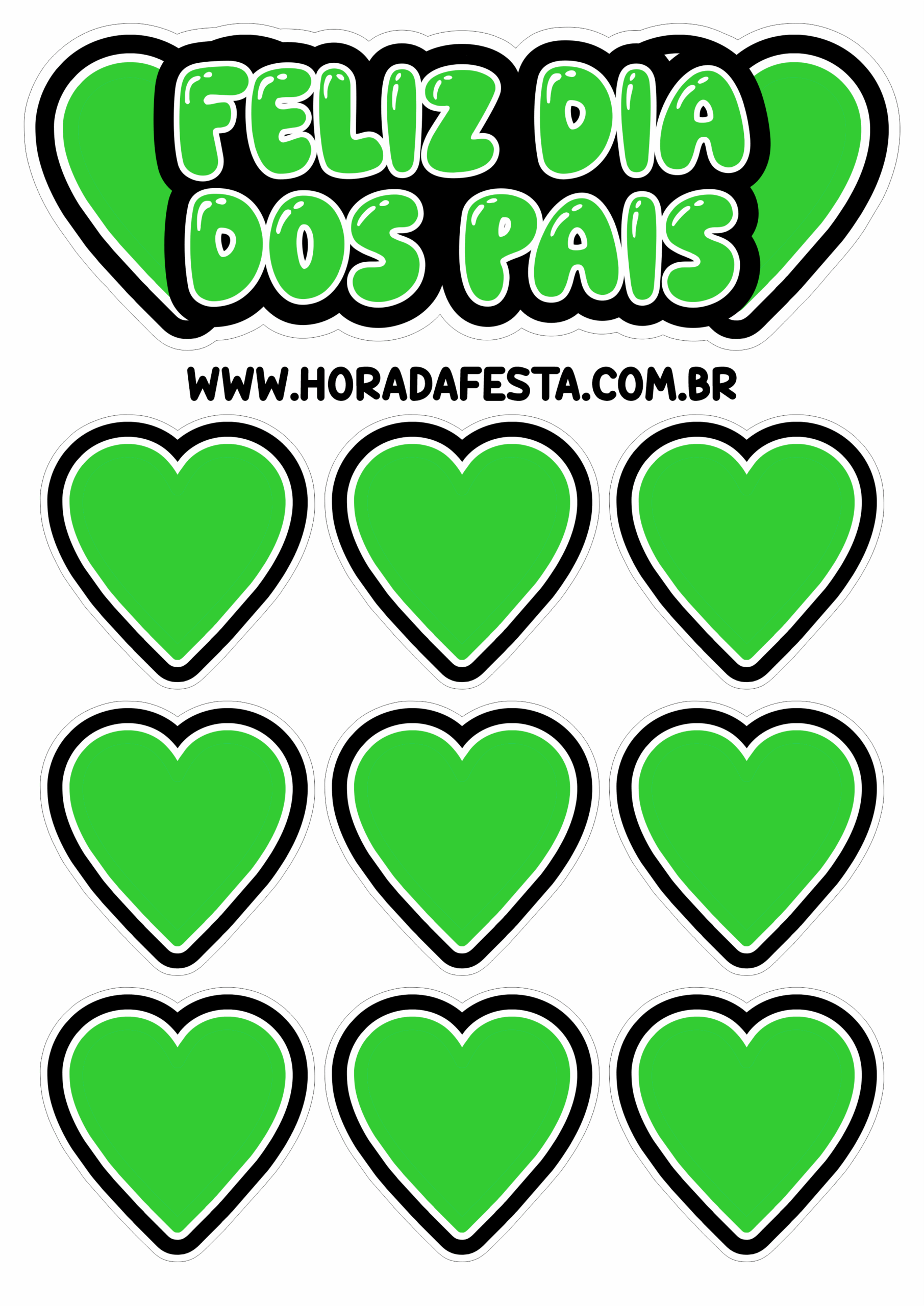 Feliz dia dos pais topo de bolo verde com corações para imprimir e decorar sua festa png