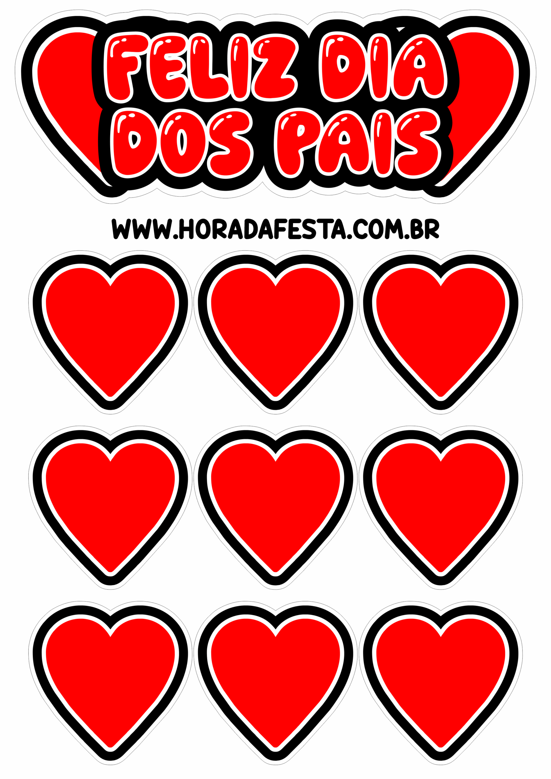 Feliz dia dos pais topo de bolo vermelho com corações para imprimir e decorar sua festa png