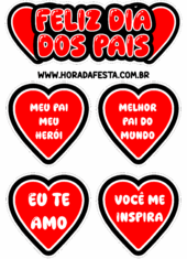 topo de bolo feliz dia dos pais com corações vermelhos decoração e frases