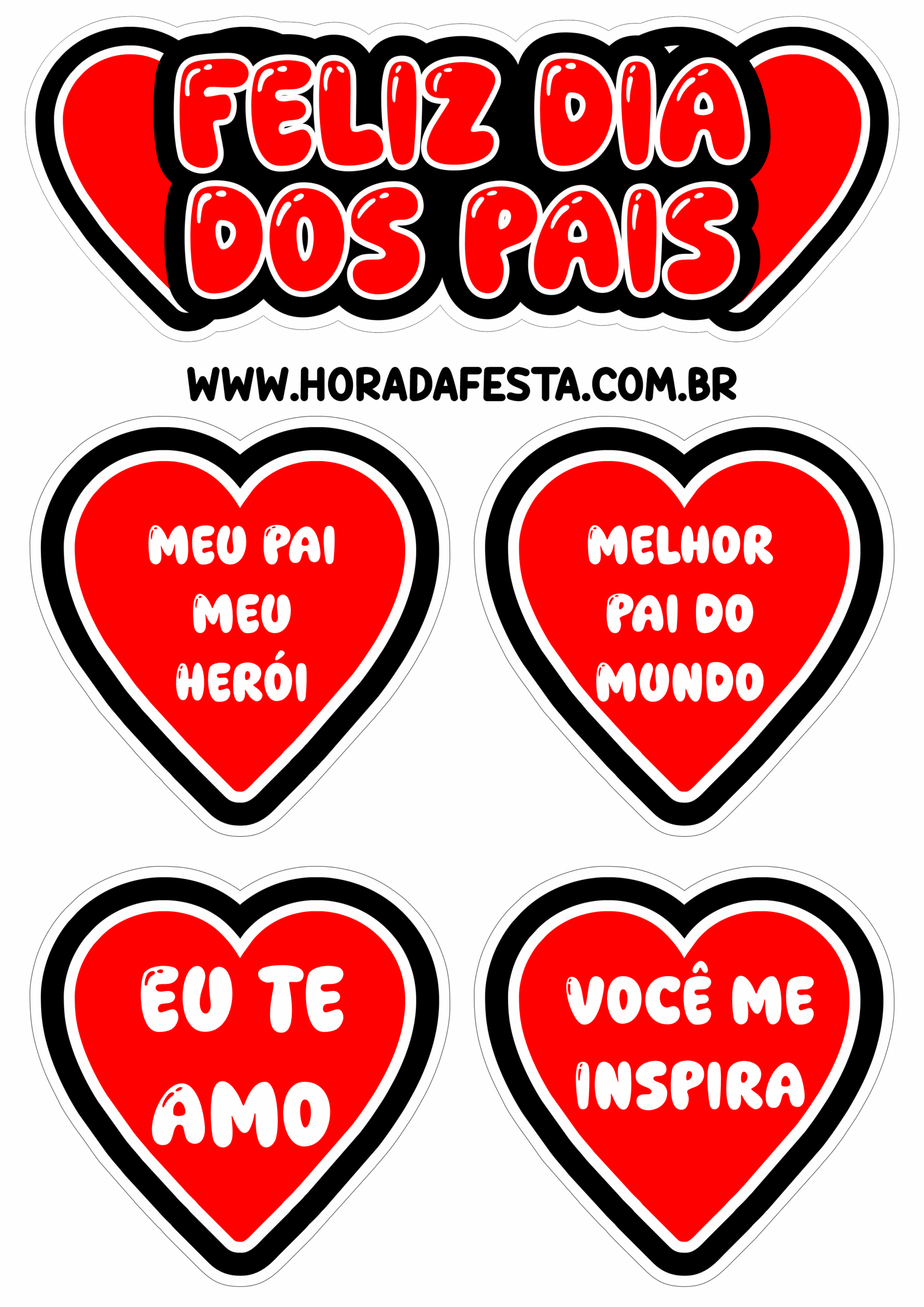 Feliz dia dos pais topo de bolo vermelho com corações e frases para imprimir e decorar sua festa png