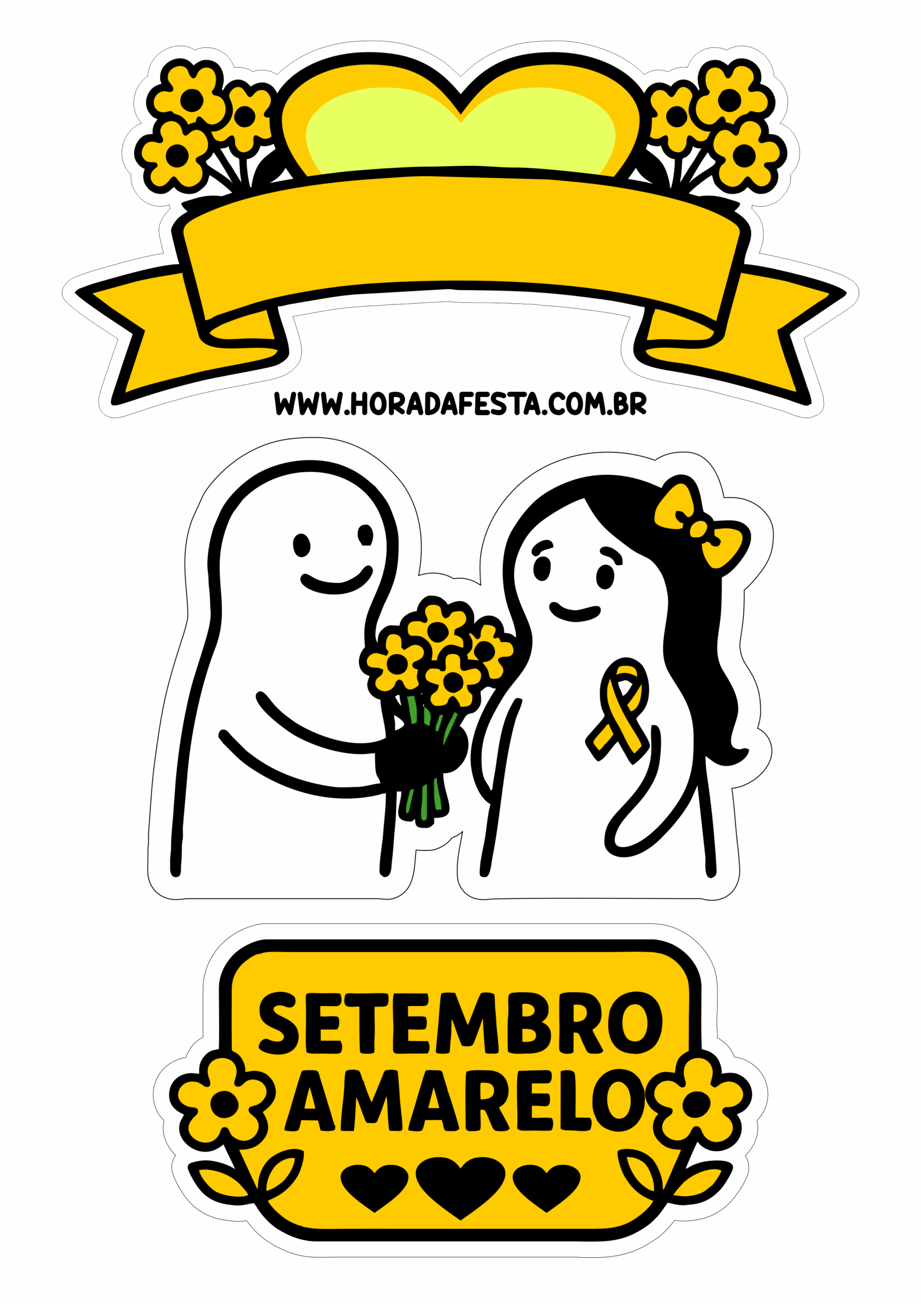 Setembro amarelo topo de bolo mês de conscientização sobre a saúde mental decoração pronta para imprimir flores e faixa png