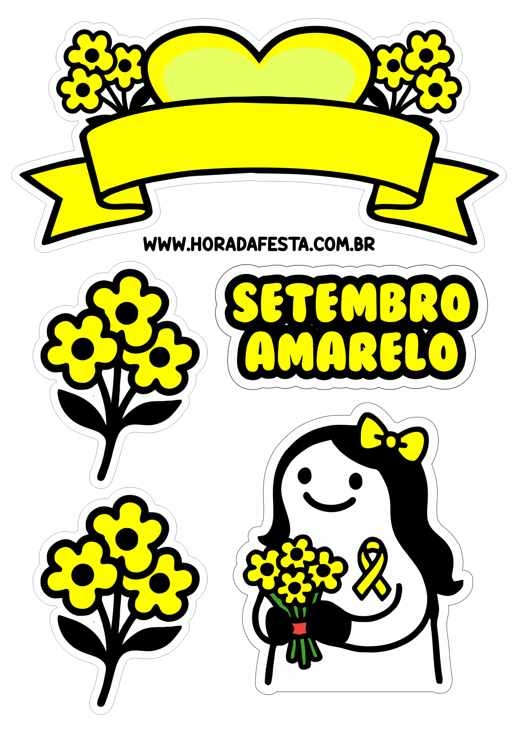 Setembro amarelo topo de bolo mês de conscientização sobre a saúde mental decoração pronta para imprimir com contorno para recorte png