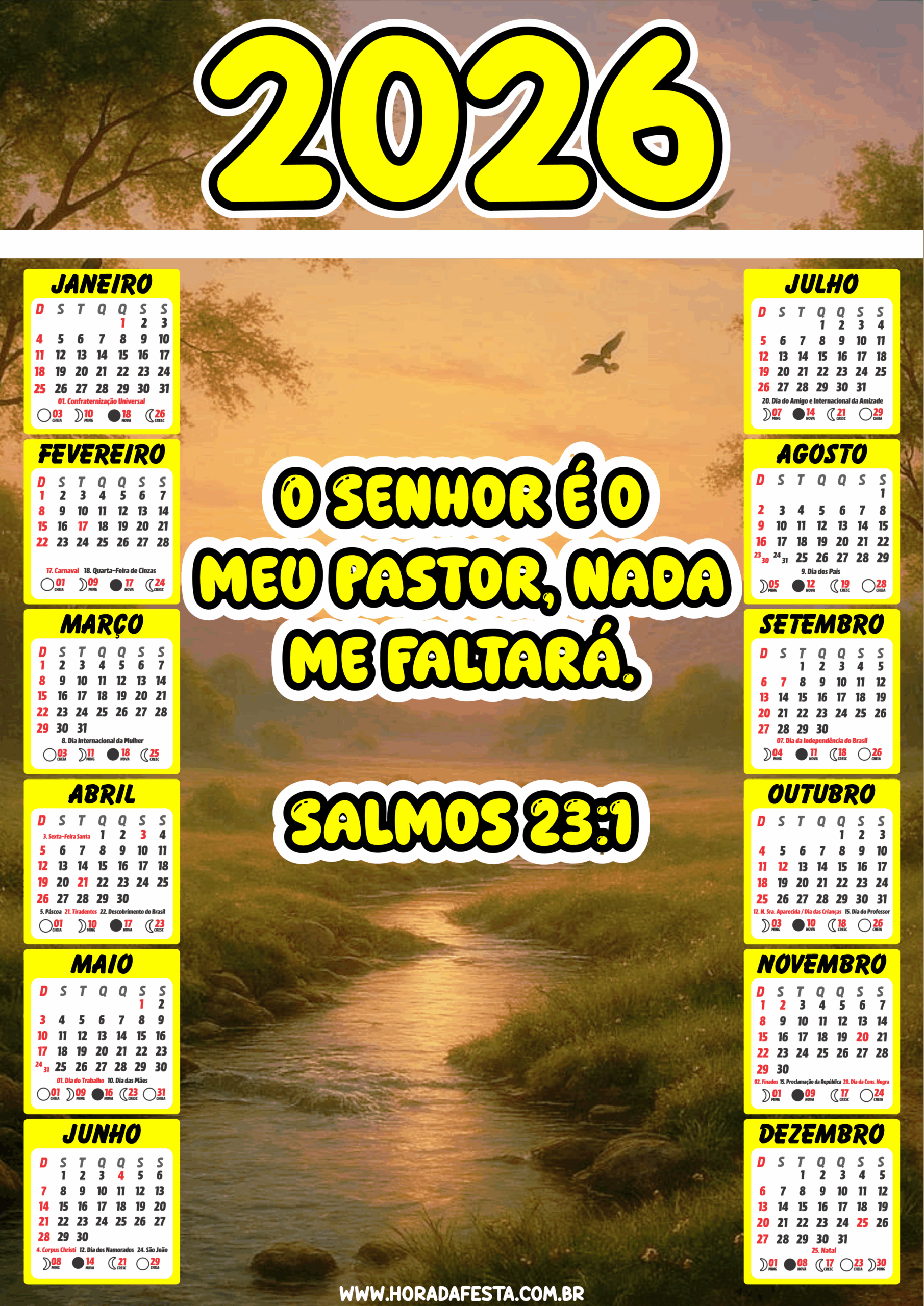 Calendário 2026 Salmos 23 o senhor é o meu pastor e nada me faltará pronto para imprimir imagens religiosas png