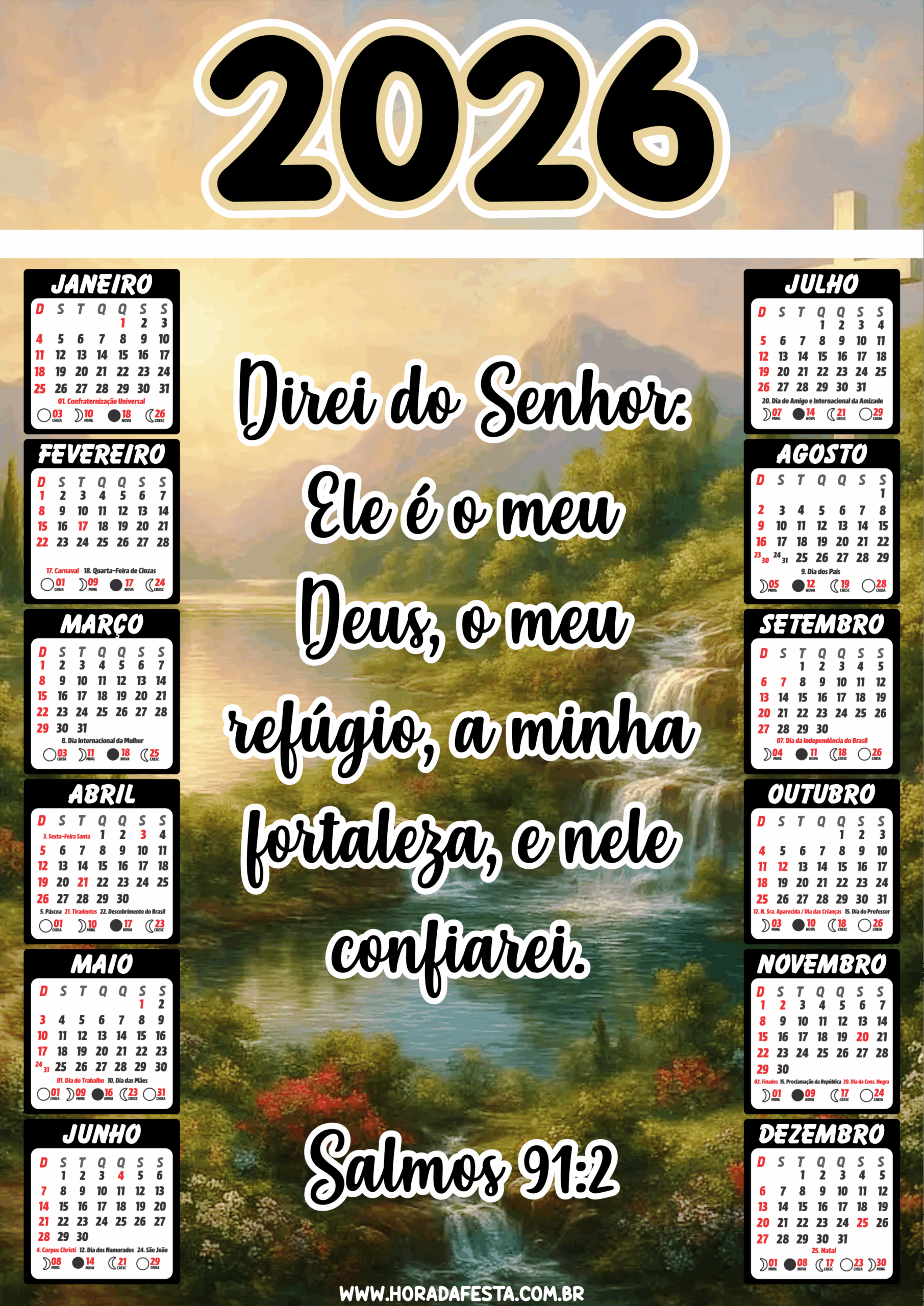 Calendário 2026 Salmos 91 direi do senhor ele é o meu Deus o meu refúgio a minha fortaleza e nele confiarei imagens religiosas png