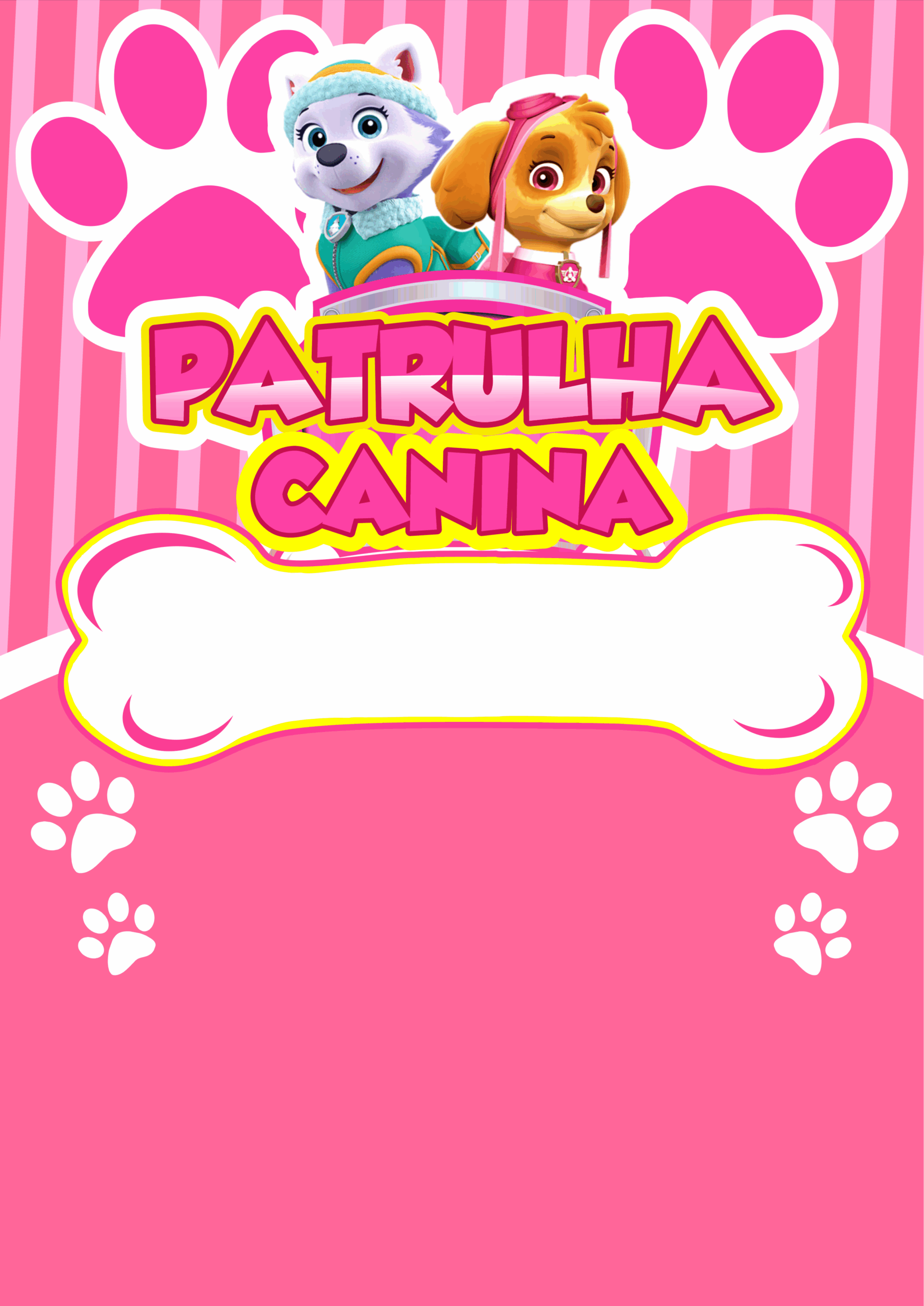 Convite de aniversário Patrulha Canina rosa Sky e Everest artigos de papelaria molde limpo para personalização festa infantil png