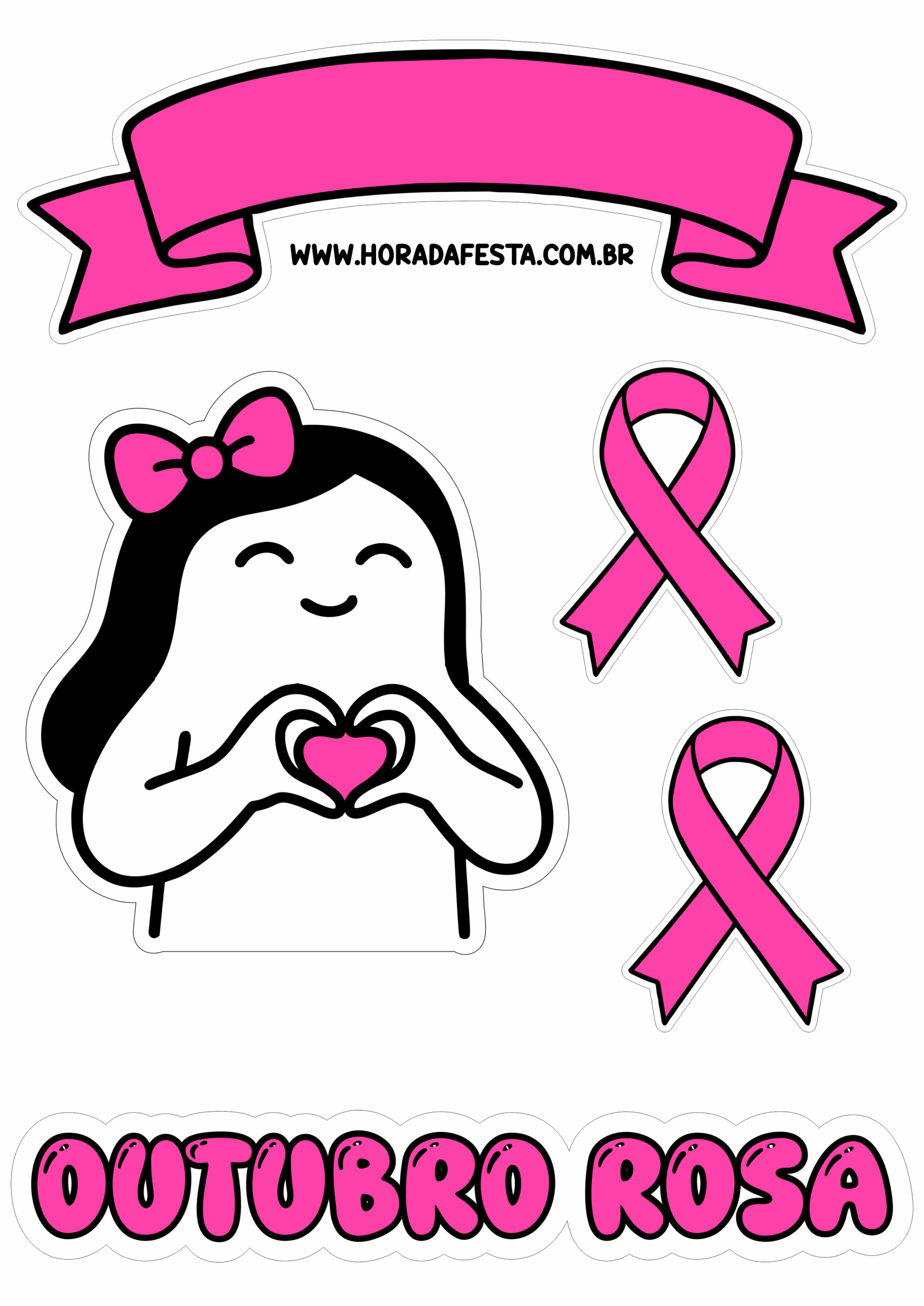 Outubro rosa topo de bolo decoração personalizada lacinho de fita design faça a sua festa flork of cows artigos para festa png