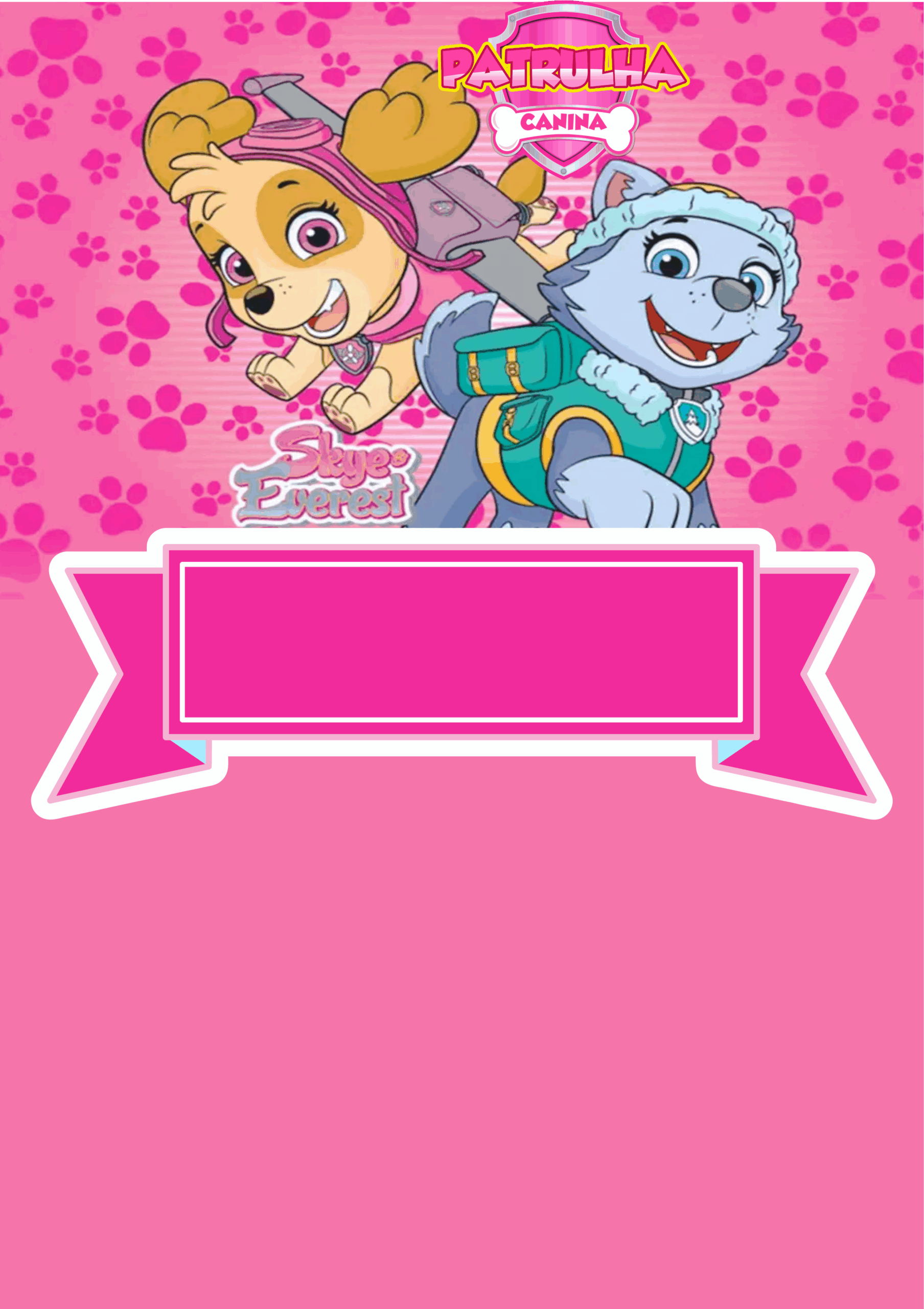 Convite de aniversário Patrulha Canina rosa Sky e Everest artigos de papelaria molde limpo para personalização png