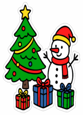 árvore de natal com presentes boneco de neve pronto para imprimir