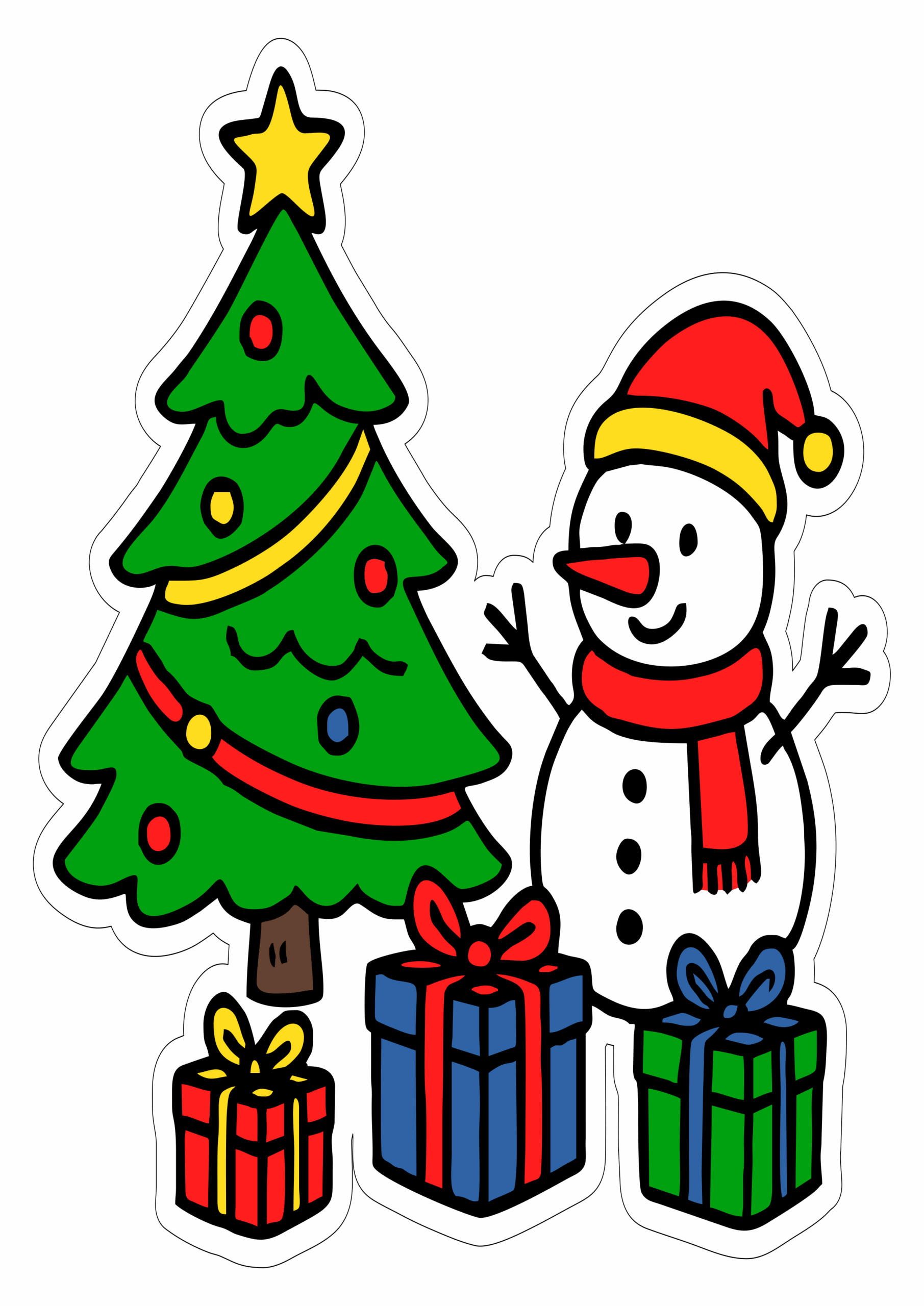 Árvore de natal presentes e boneco de neve desenho simples com fundo transparente epara imprimir e decorar sua festa com tema natalino png