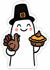 flork of cows dia de ação de graças segurando um peru e uma torta