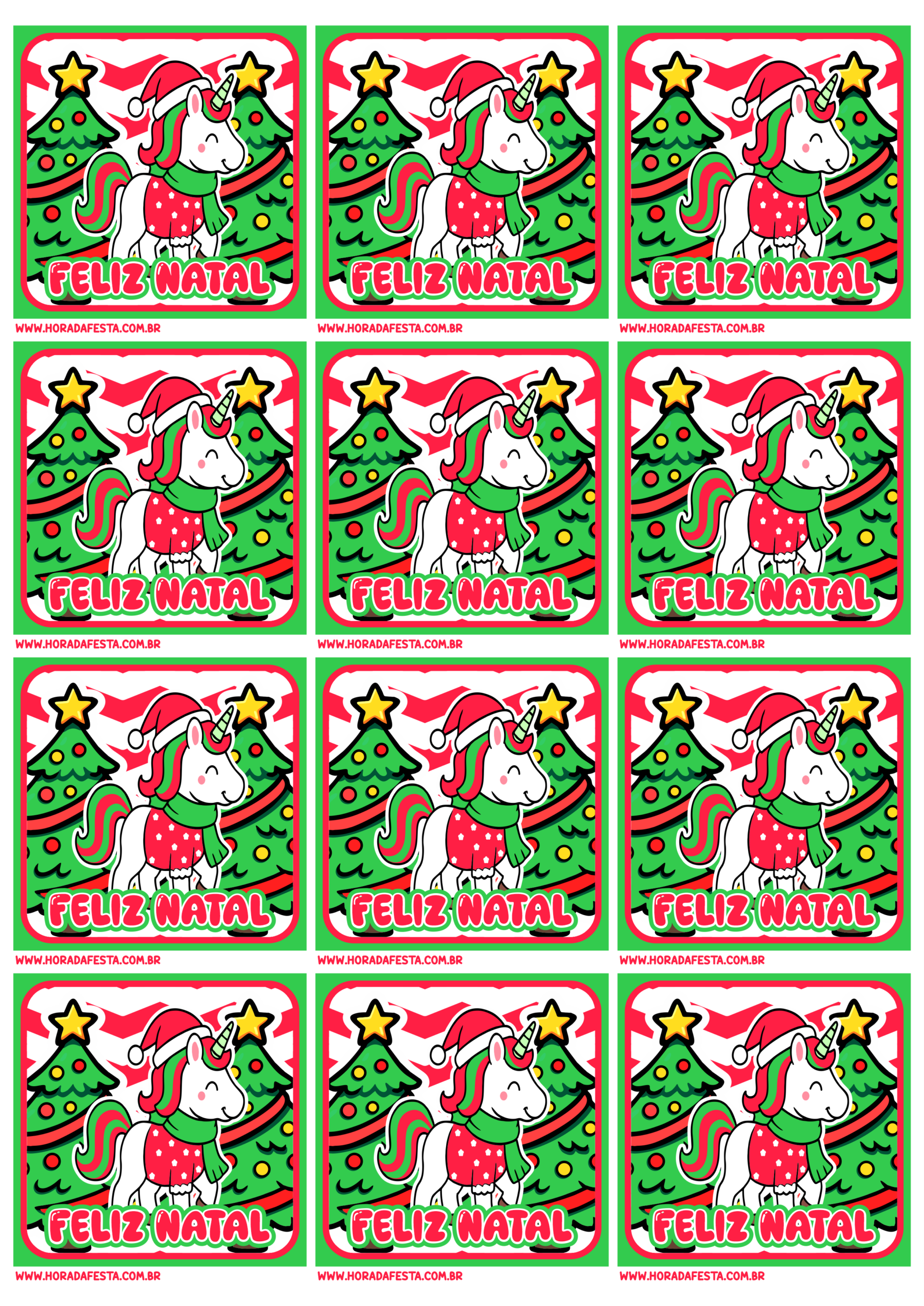 Decoração de natal adesivo quadrado desenho de unicórnio com roupinhas natalinas ideal para artes de aniversário 12 imagens png