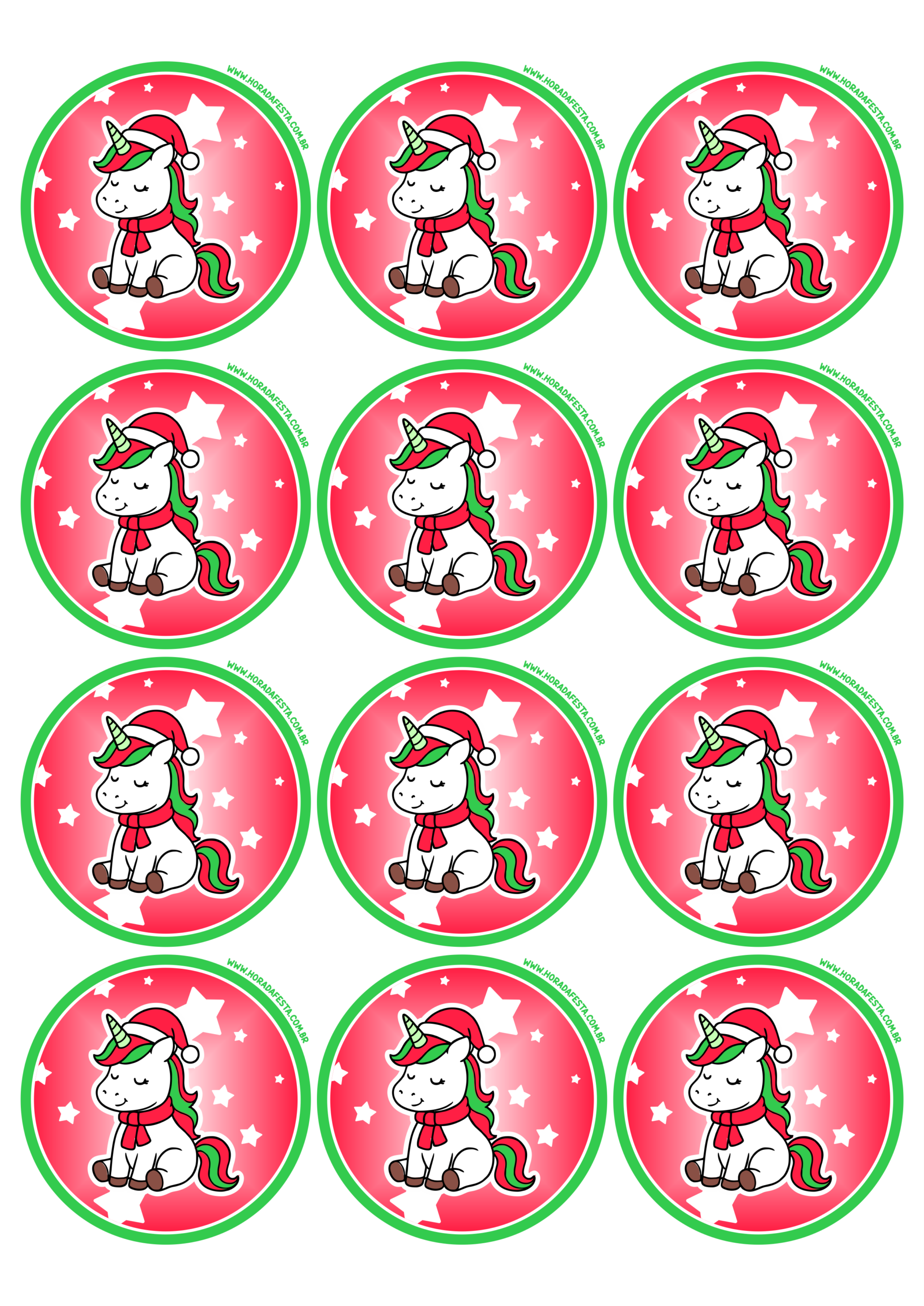 Adesivo de natal para imprimir unicórnio fofinho com gorro e cachecol para decoração de festa natalina e aniversário infantil 12 imagens png
