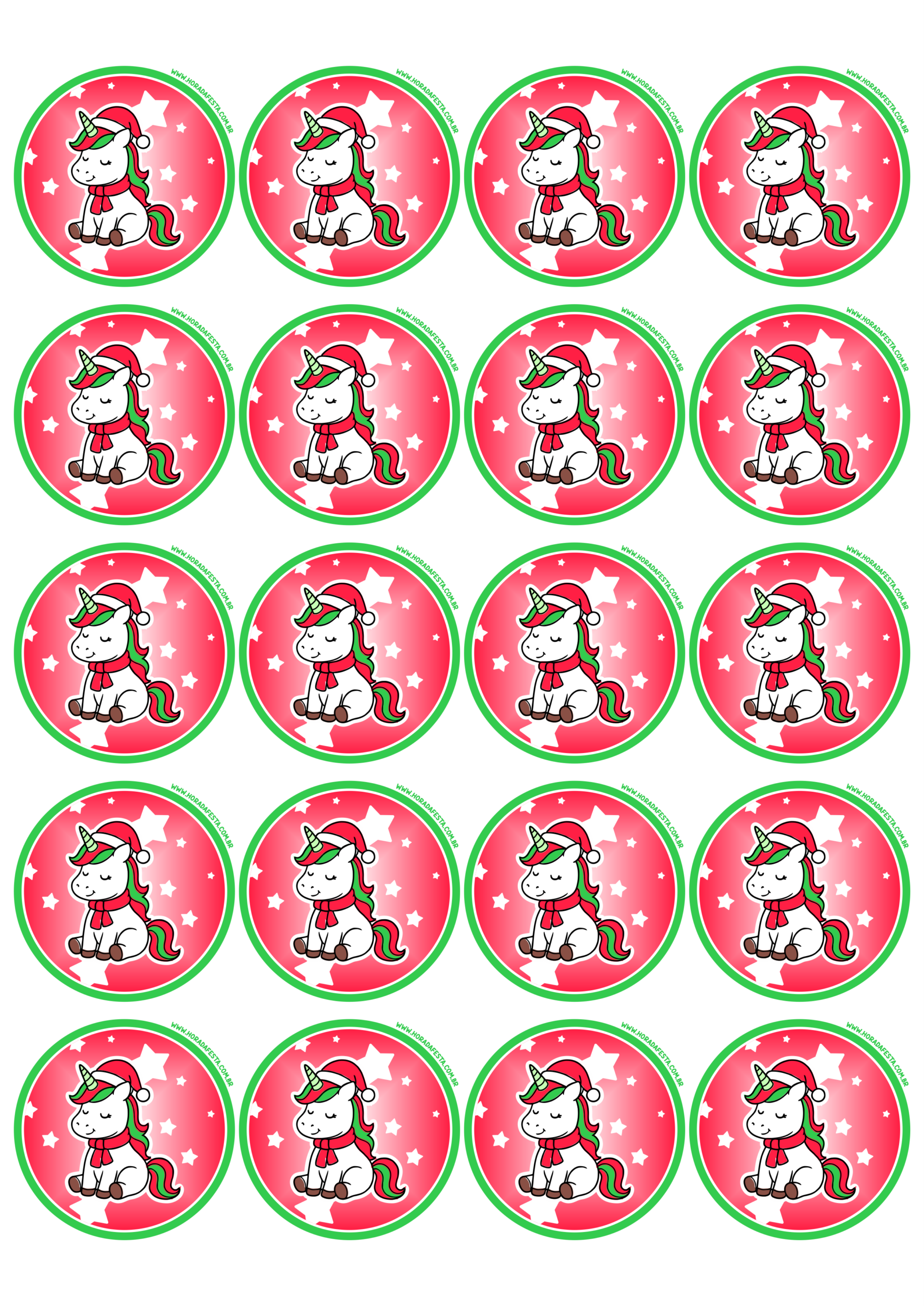 Adesivo de natal para imprimir unicórnio fofinho com gorro e cachecol para decoração de festa natalina e aniversário infantil 20 imagens png