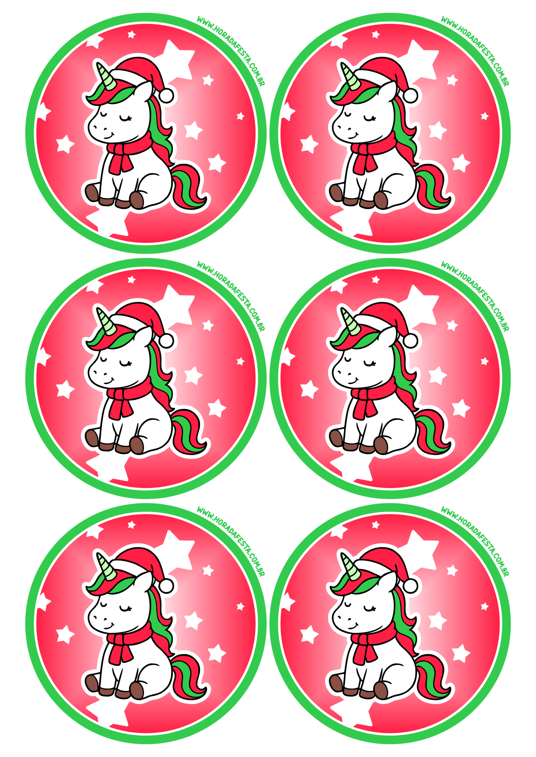 Adesivo de natal para imprimir unicórnio fofinho com gorro e cachecol para decoração de festa natalina e aniversário infantil 6 imagens png