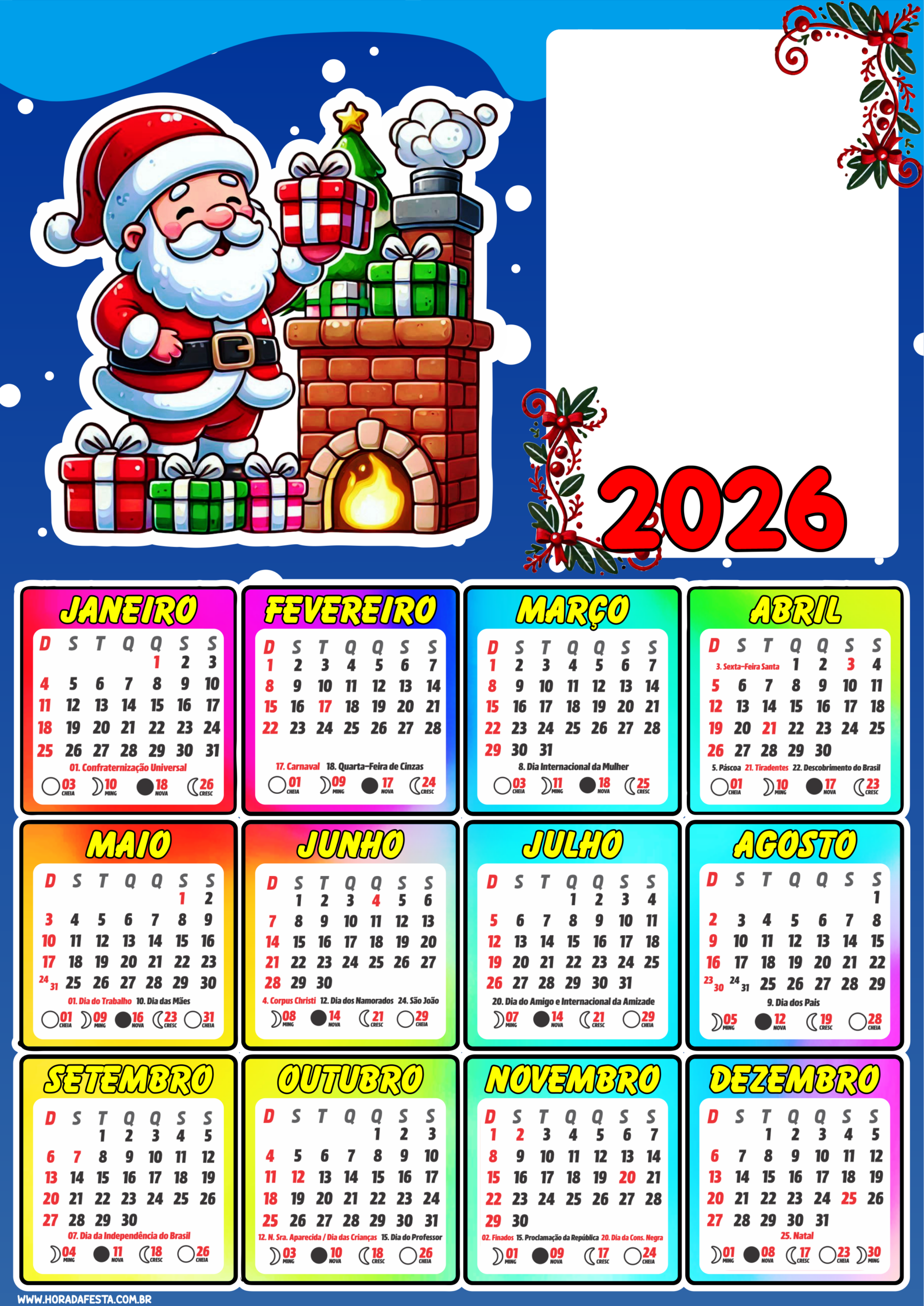 Calendário 2026 para imprimir e personalizar com foto especial de natal artes para artesanato festas de fim de ano papai noel fofinho png