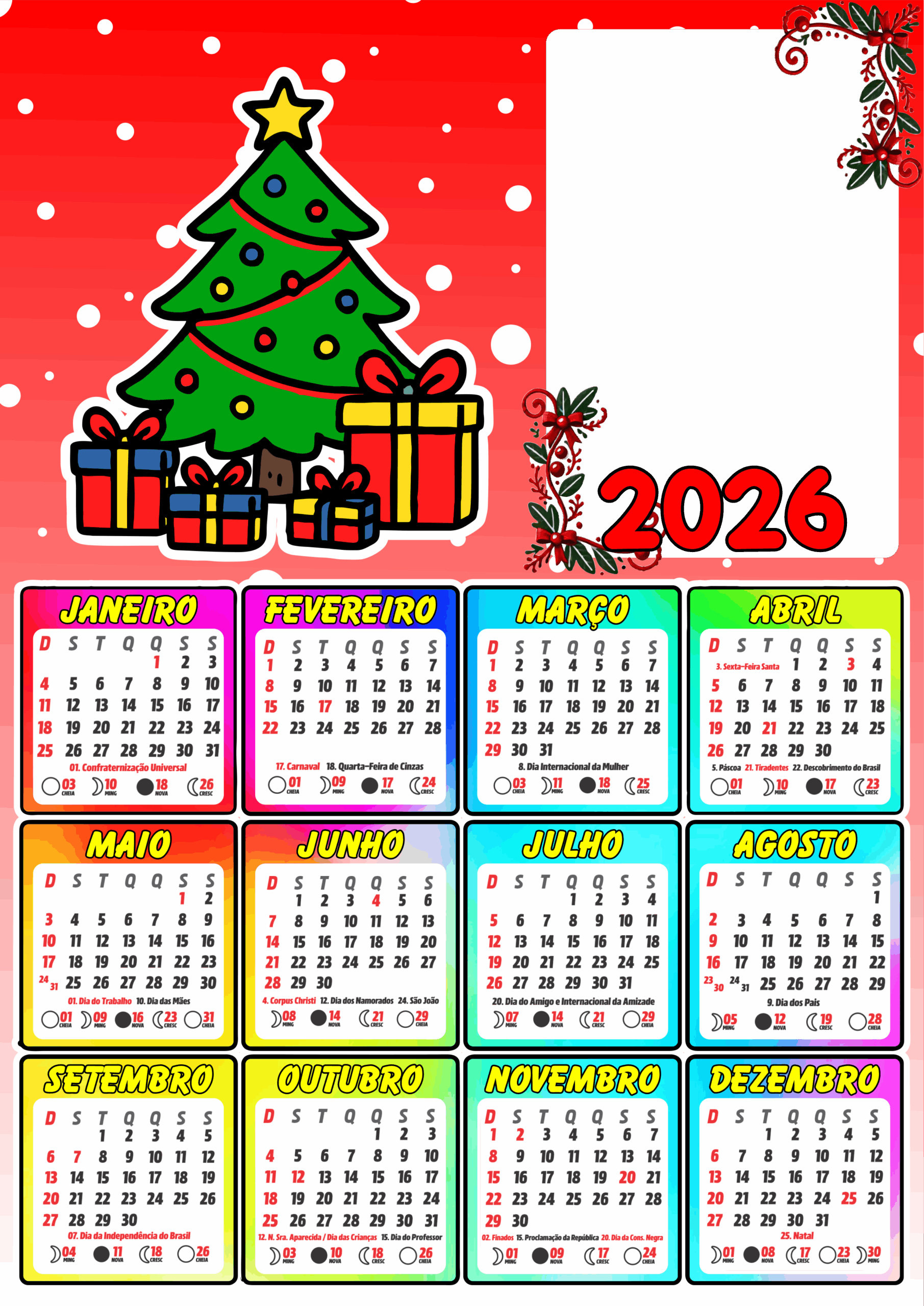 Calendário 2026 para imprimir e personalizar com foto especial de natal artes para artesanato festas de fim de ano png