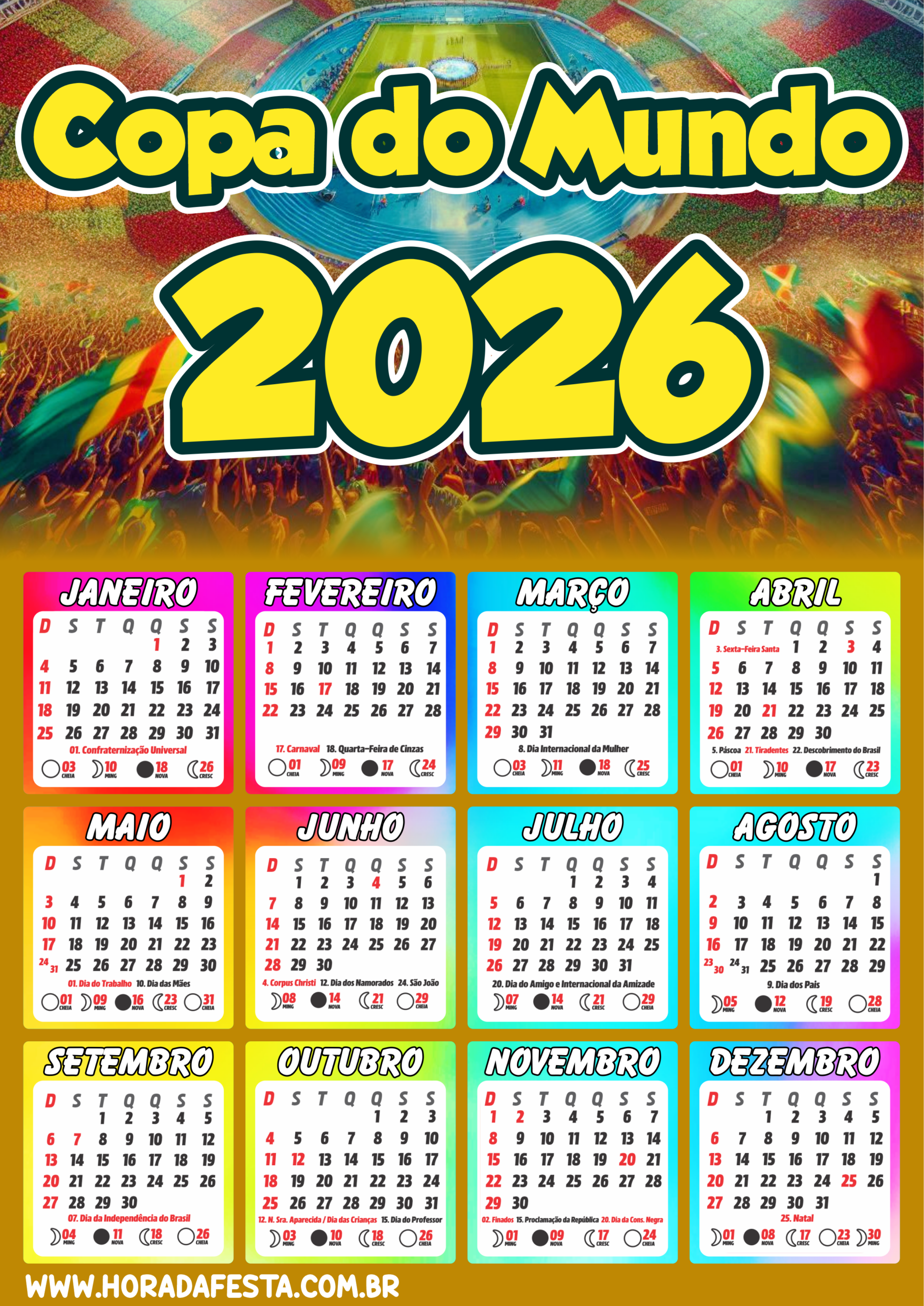 Calendário 2026 copa do mundo pronto para imprimir png