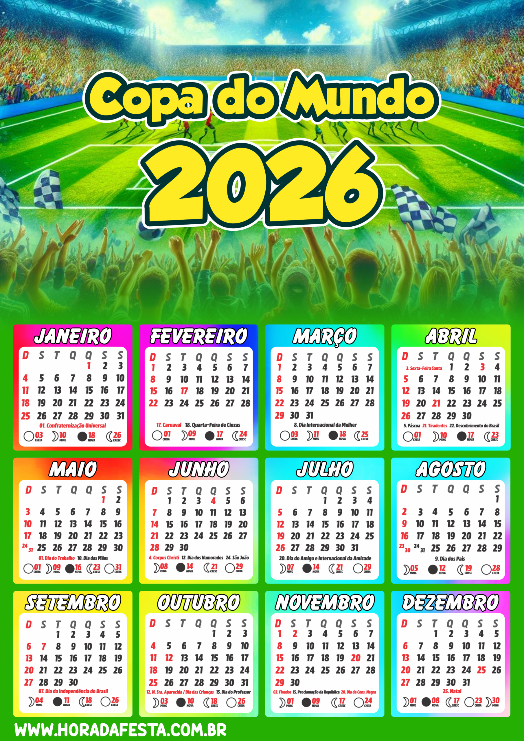 Calendário 2026 copa do mundo pronto para imprimir arquivos de papelaria png