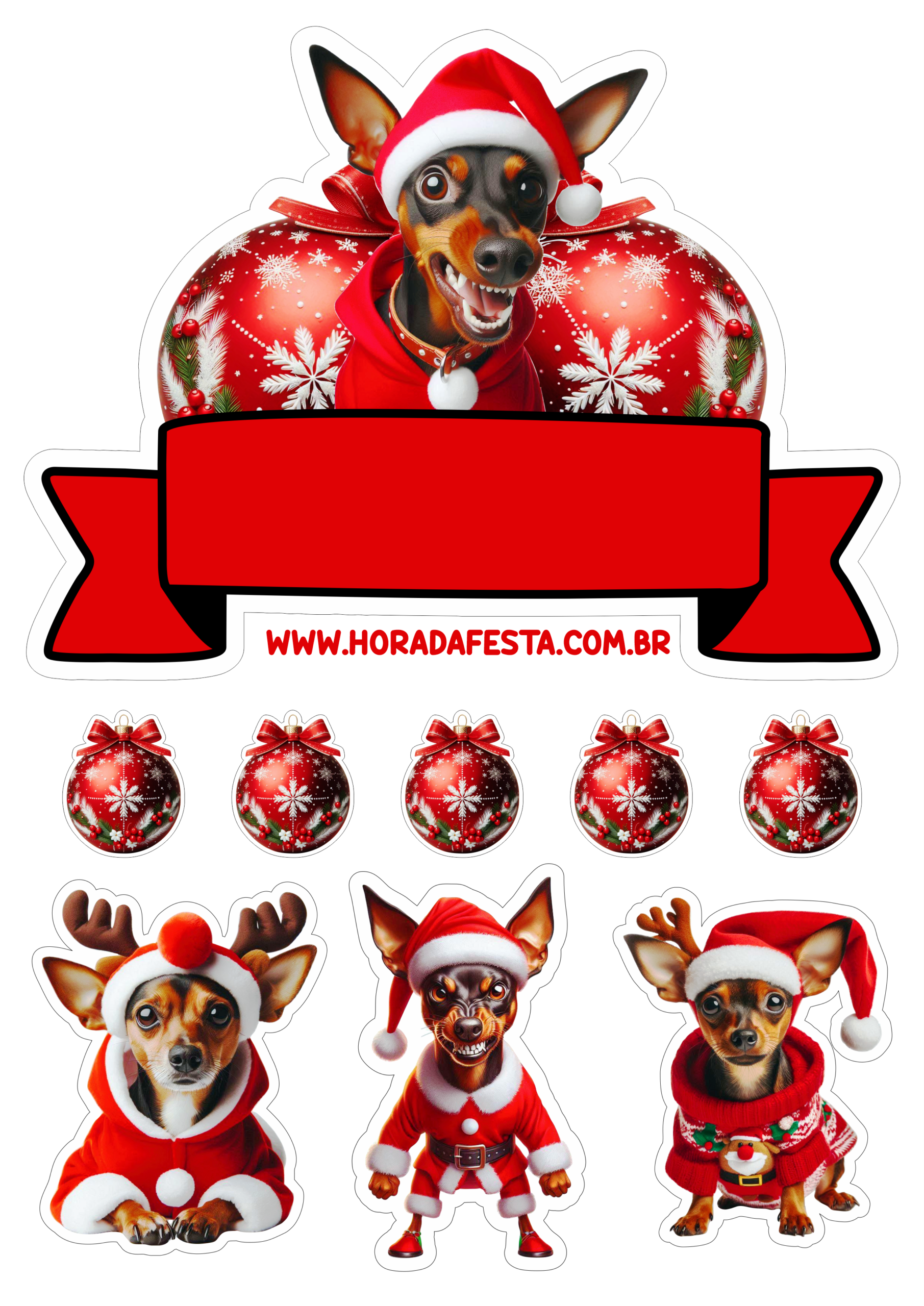 Topo de bolo especial de natal cachorrinho pinscher decoração para festinha pet pronto para imprimir e decorar png