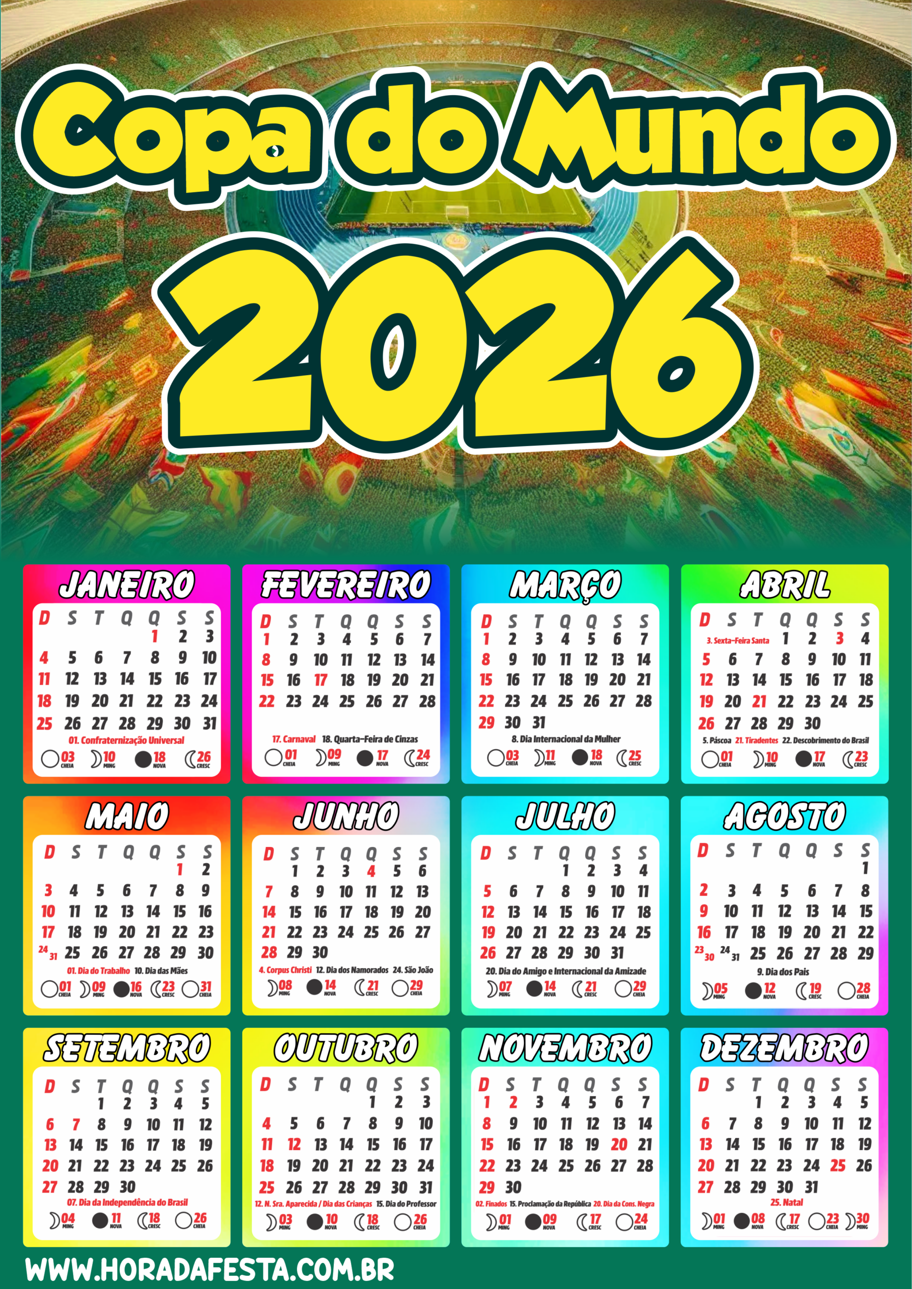 Calendário 2026 copa do mundo pronto para imprimir arquivos de papelaria personalizados datas comemorativas e feriados png