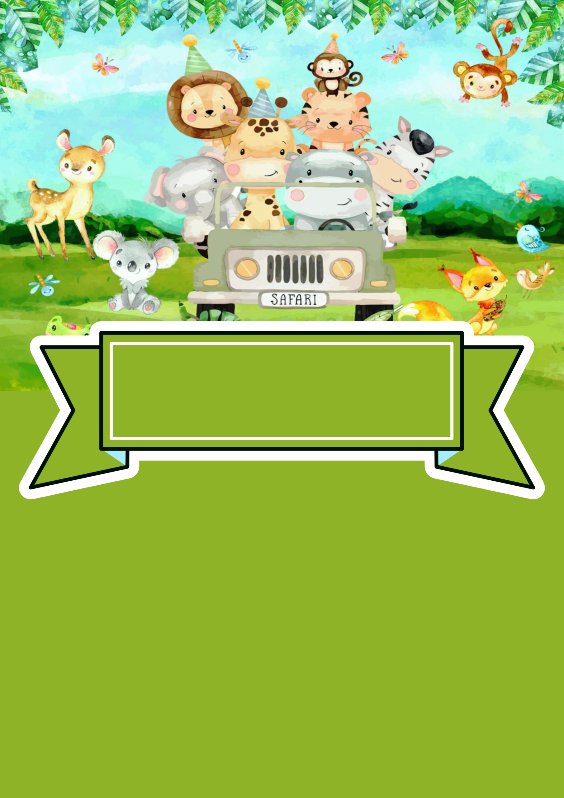 Convite de aniversário safari de animais artigos de papelaria molde limpo para personalização festa infantil png