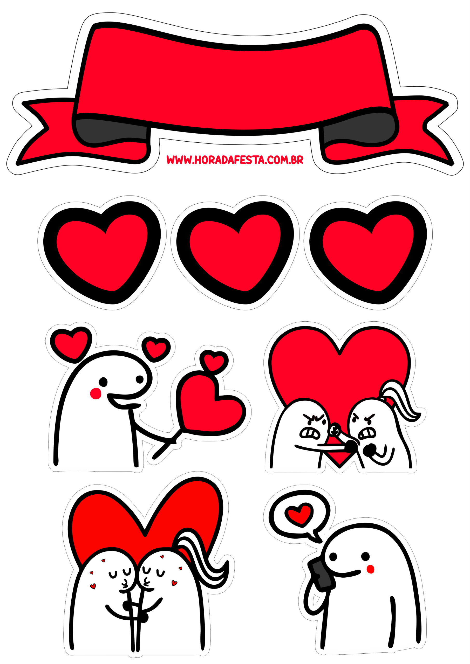 Topo de bolo para decoração flork of cows dia de São Valentim desenhos engraçados dia dos namorados pronto para imprimir png