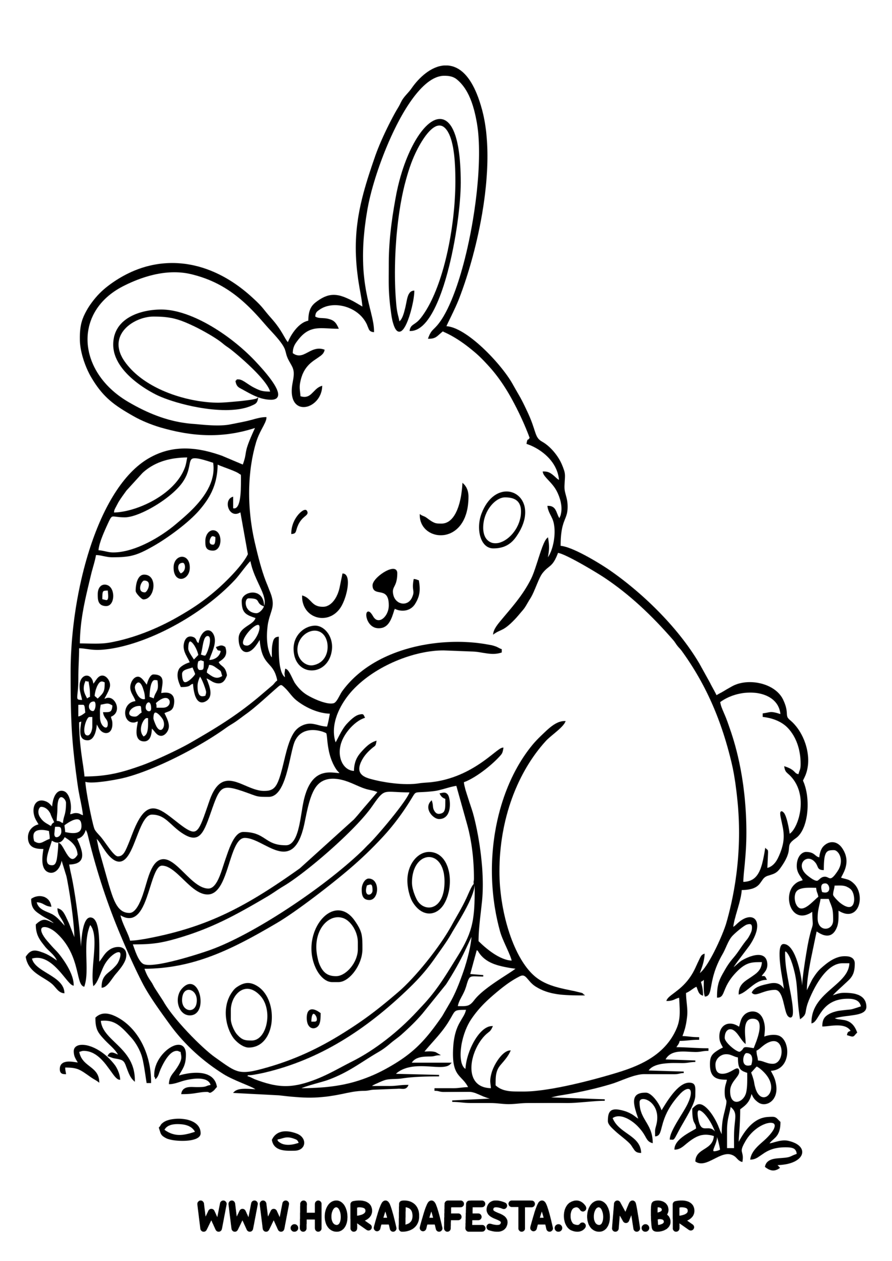 Desenho para colorir coelhinho da páscoa abraçado com um ovo gigante atividades lúdicas para criança png