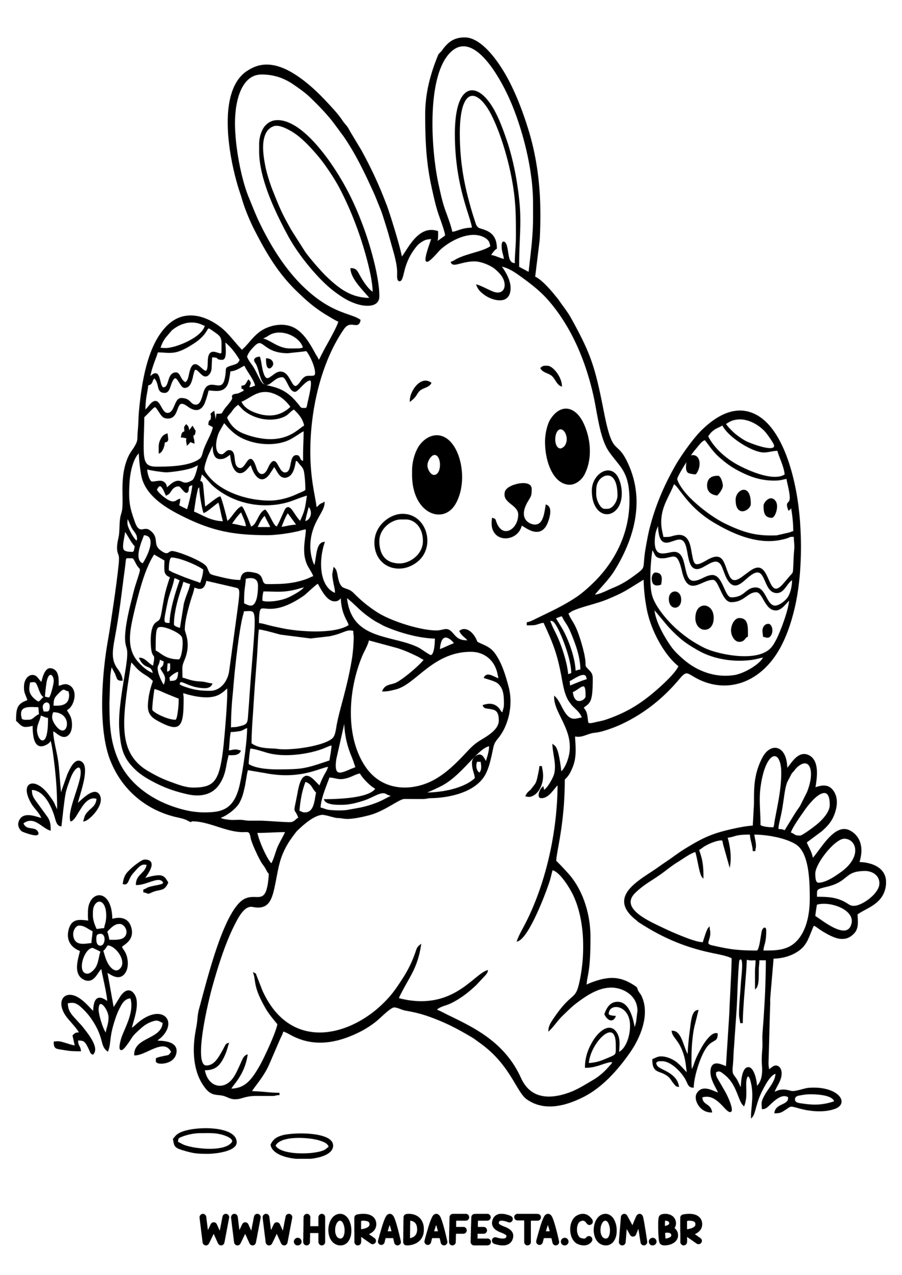 Desenho para colorir coelhinho da páscoa acom com mochilinha entregando ovos de chocolate atividades lúdicas png