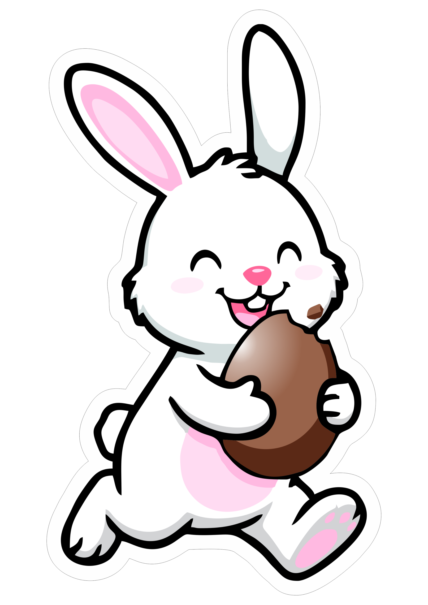 Coelhinho da páscoa fofinho correndo com ovo de chocolate na mão imagem com contorno ideal para decoração de festa infantil png