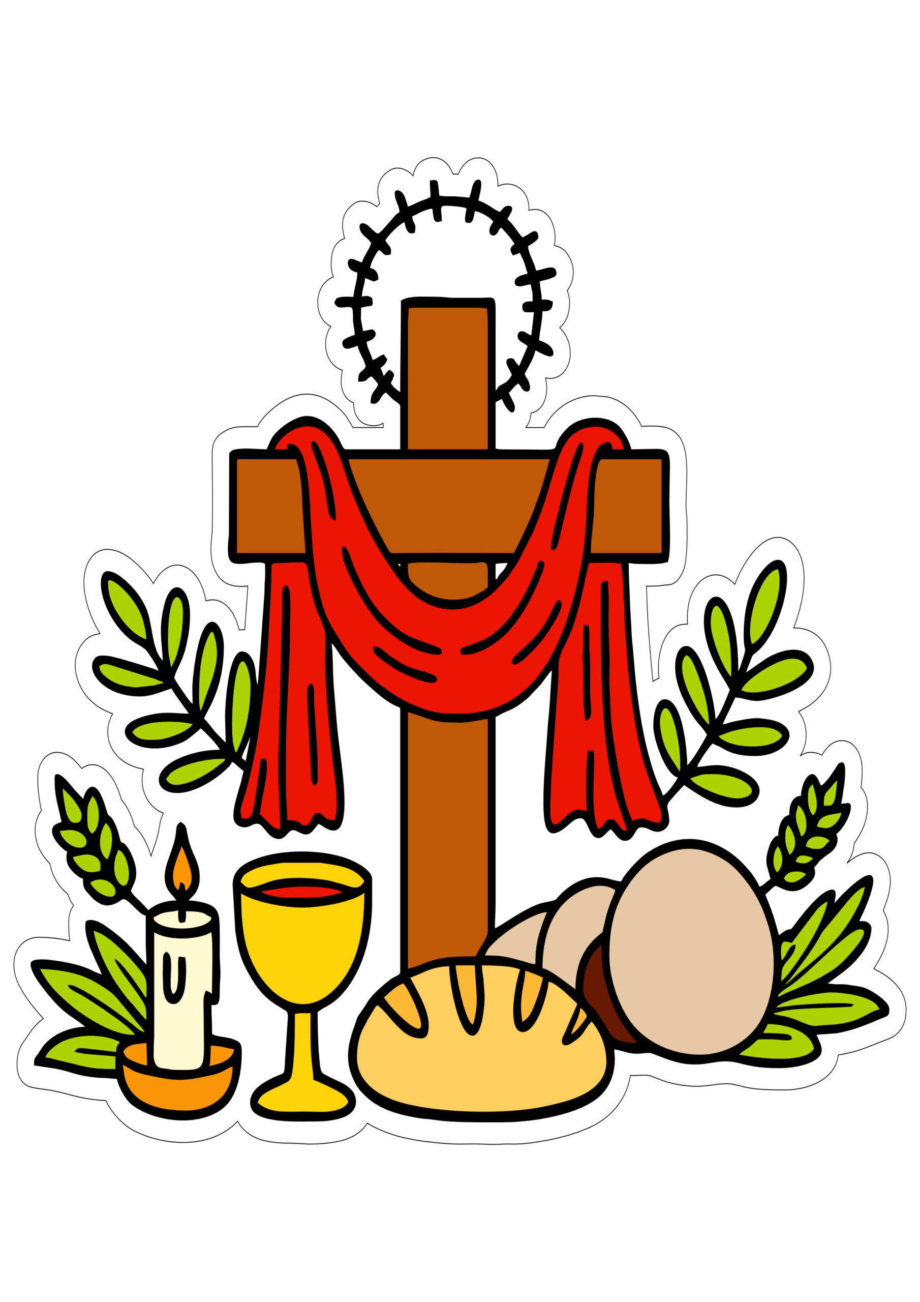 Semana santa desenho simples símbolos artes gráficas imagem com fundo transparente cruz pão vinho ramos png