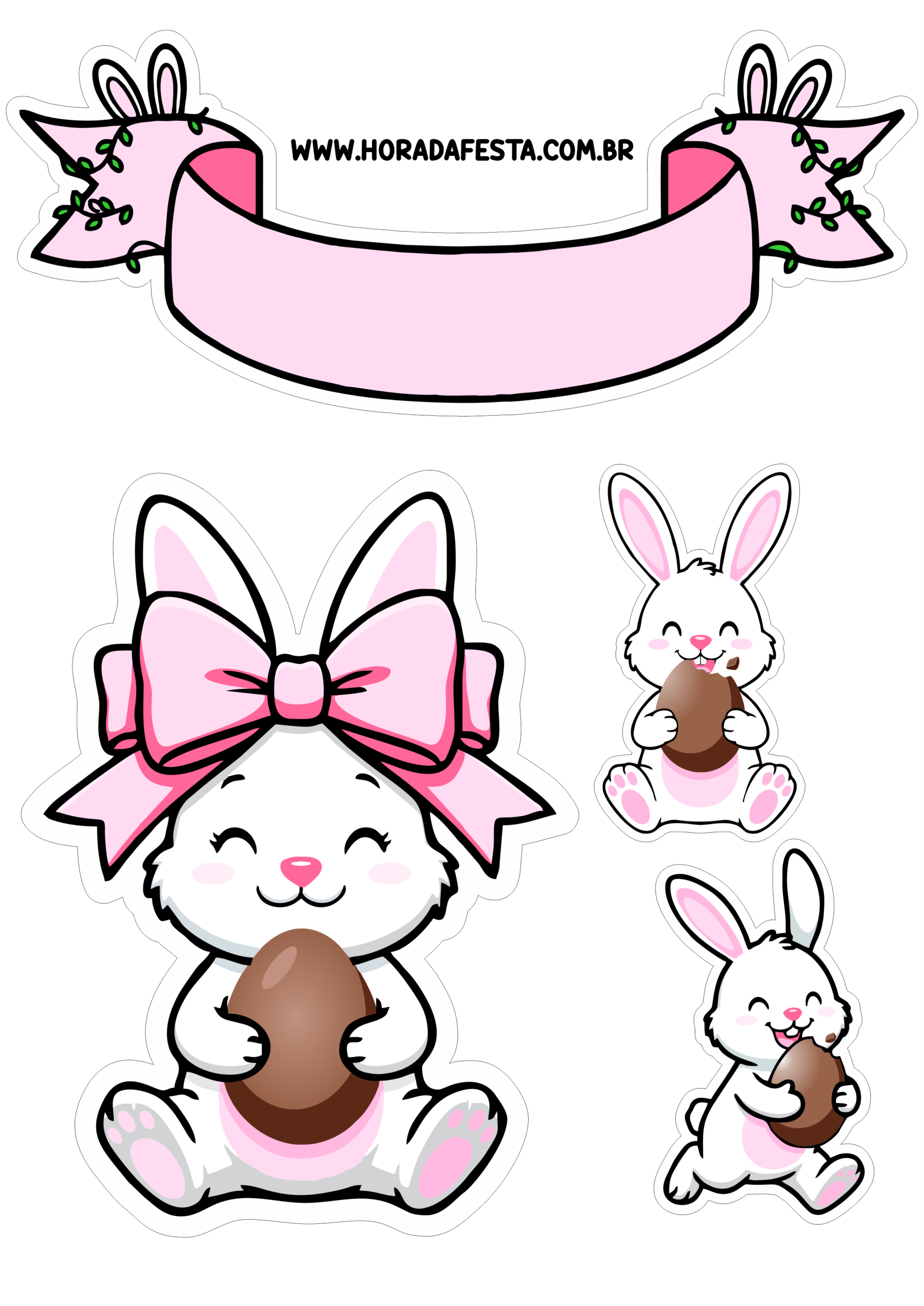 Coelhinho da páscoa comendo ovo de chocolate topo de bolo pronto para imprimir png