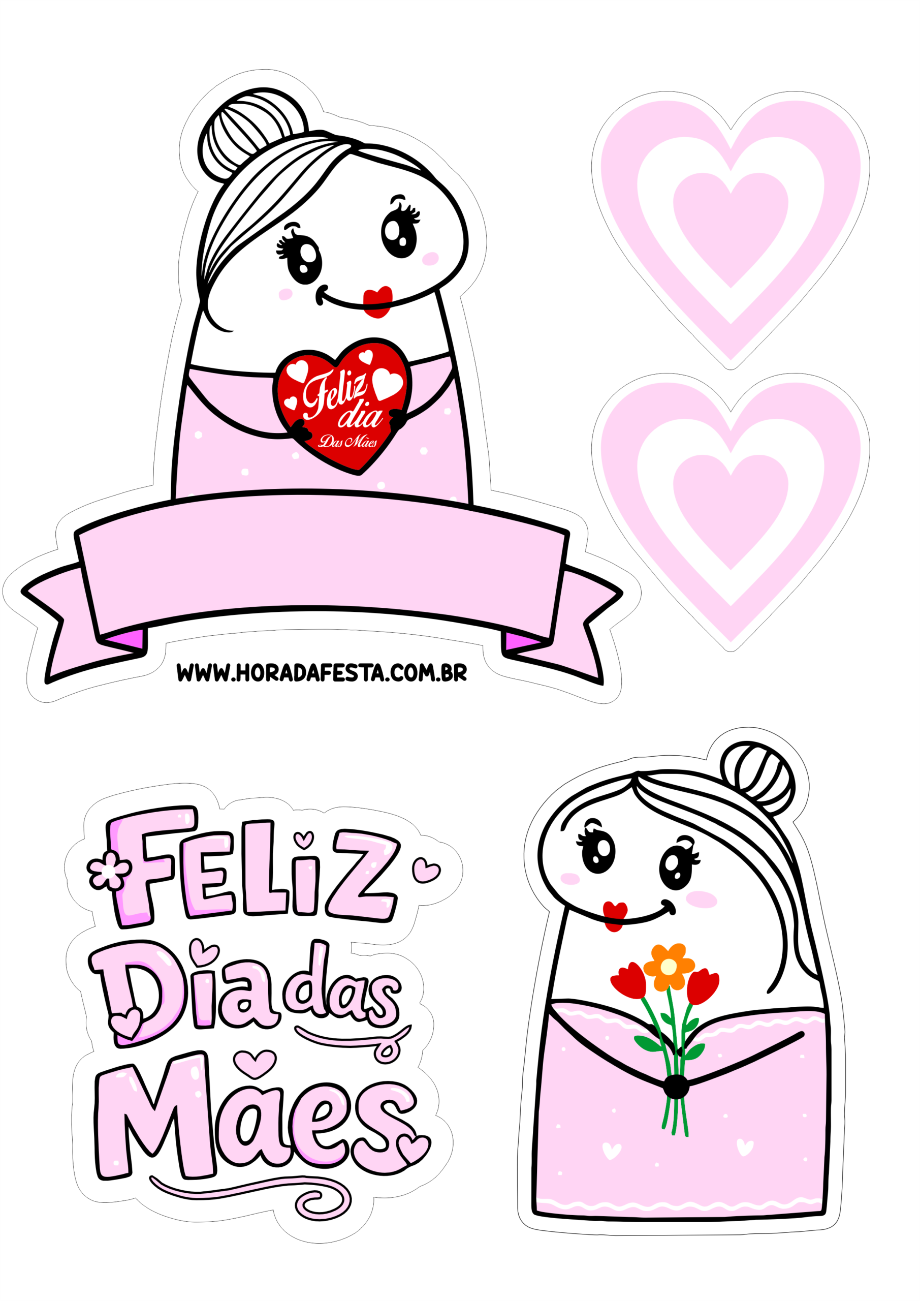 Topo de bolo feliz dia das mães 2026 flork of cows desenhos engraçados para decoração de festa pronto para imprimir png