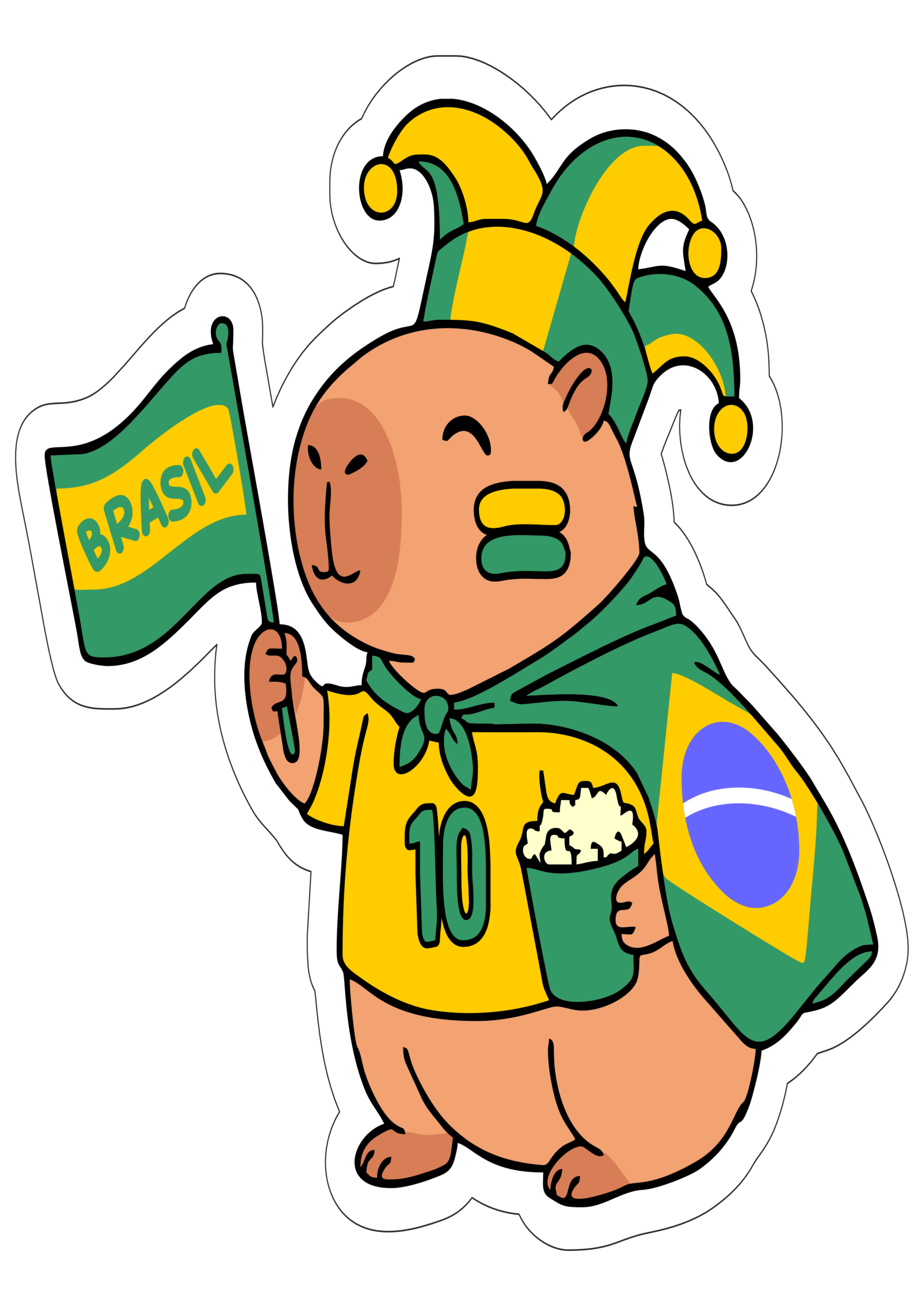 Capivara fofinha torcedora do Brasil copa do mundo 2026 ilustração com contorno e fundo transparentes png