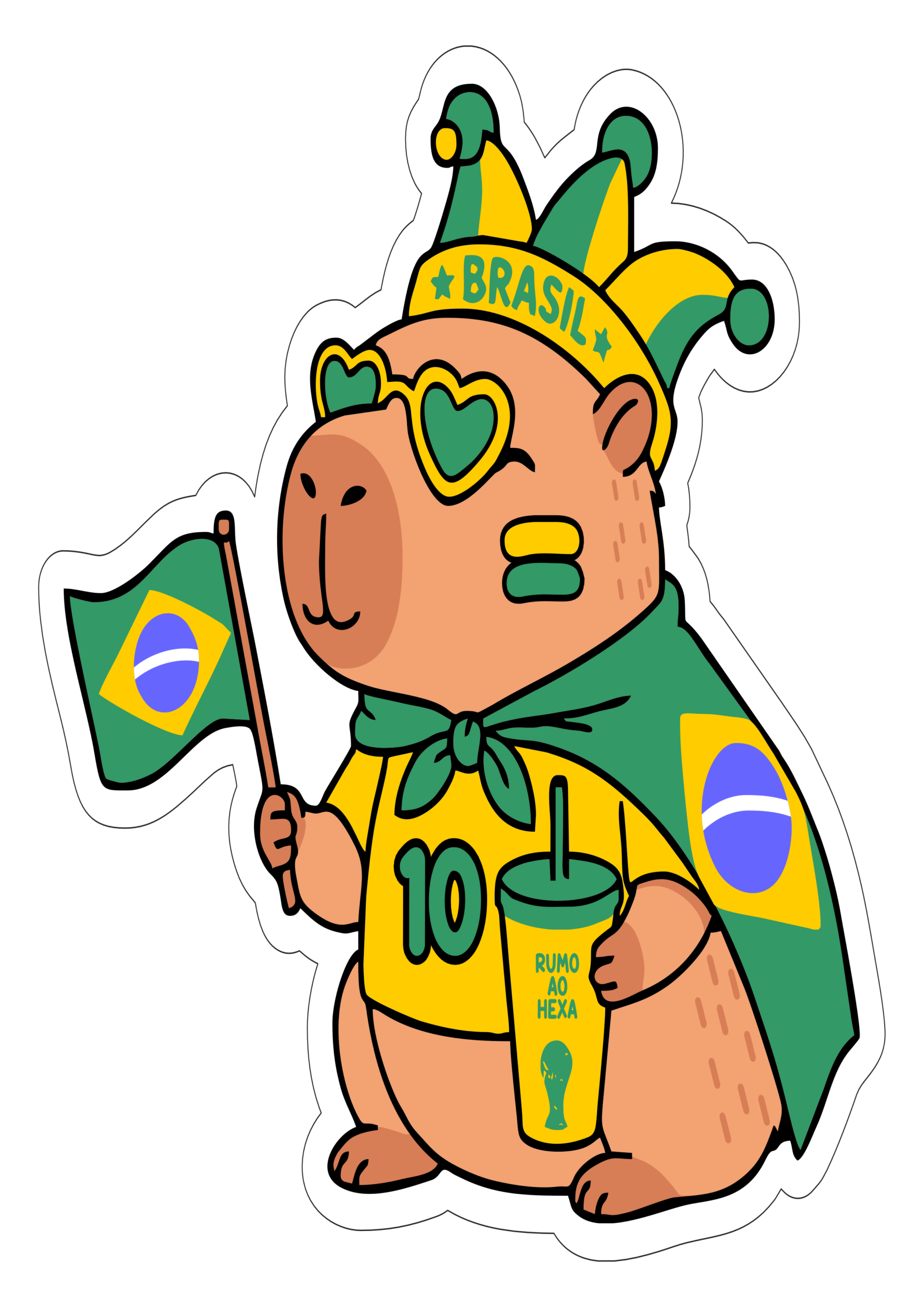 Capivara fofinha torcedora do Brasil copa do mundo 2026 ilustração com contorno e fundo transparente rumo ao hexa png