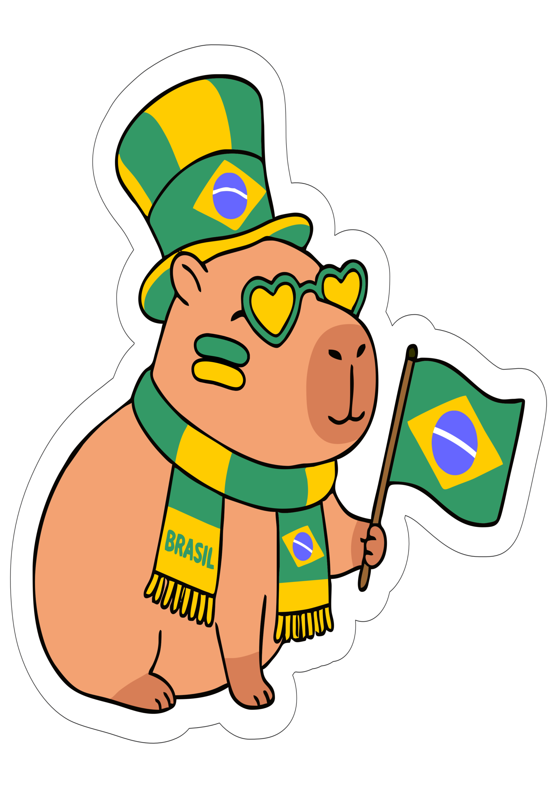 Capivara fofinha com óculos e chapéu torcedora do Brasil copa do mundo 2026 ilustração com contorno e fundo transparente rumo ao hexa png