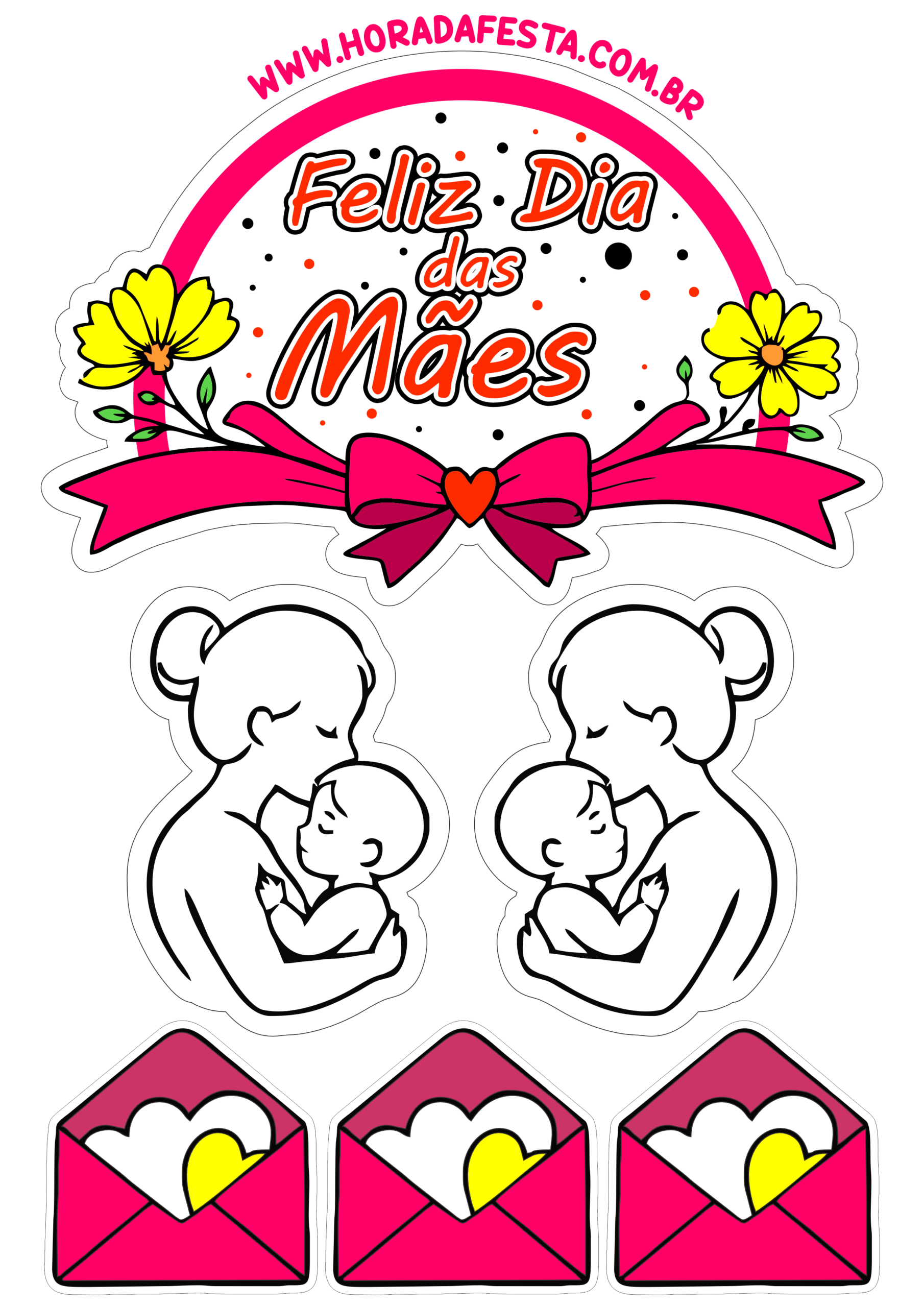 Topo de bolo para o dia das mães linda arte para decorar sua festa no mês das mães papelaria criativa com contorno para recorte png