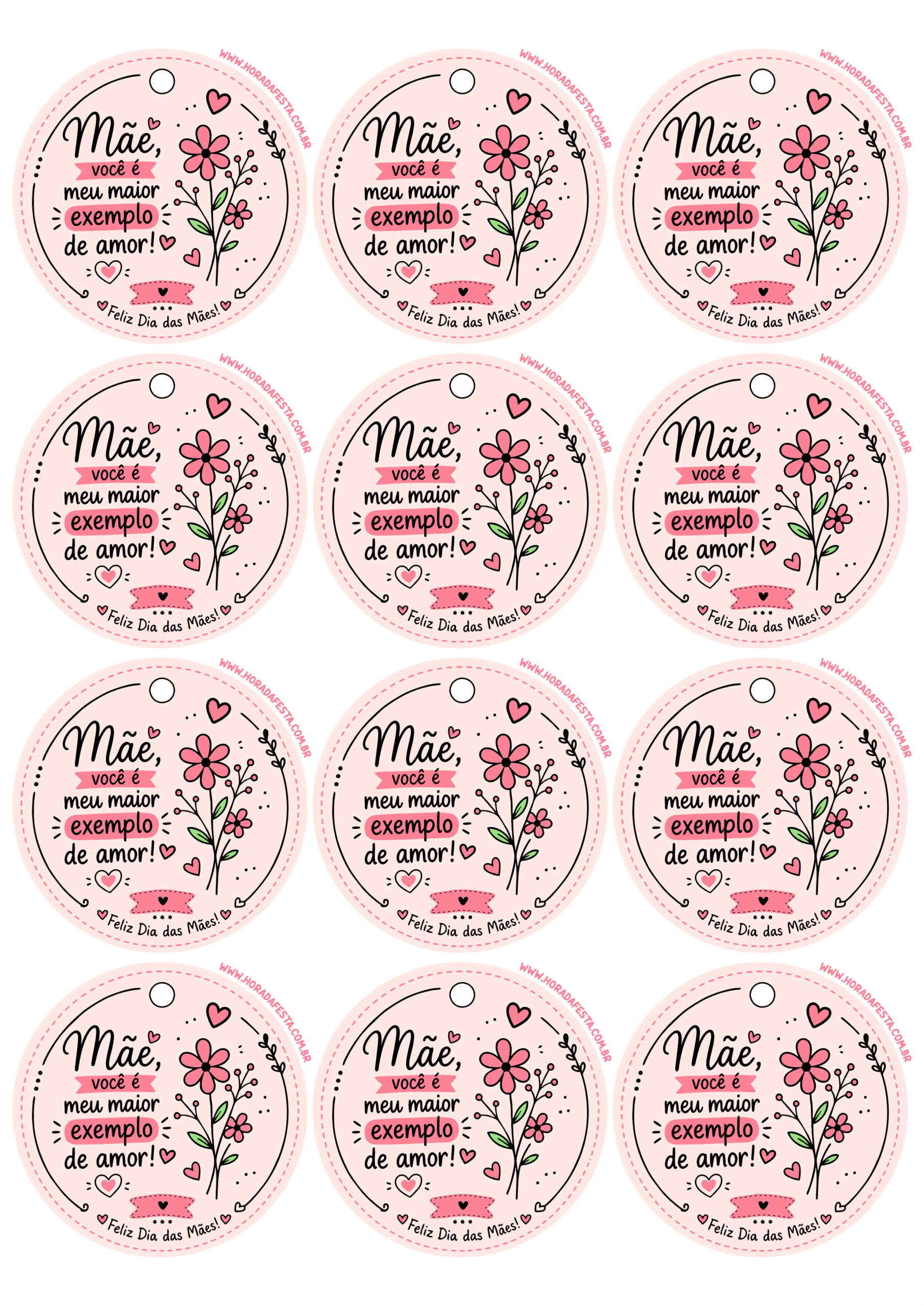 Tags para o dia das mães rosa com frase bonitinha mãe você é meu maior exemplo de amor adesivo redondo para imprimir 12 imagens png