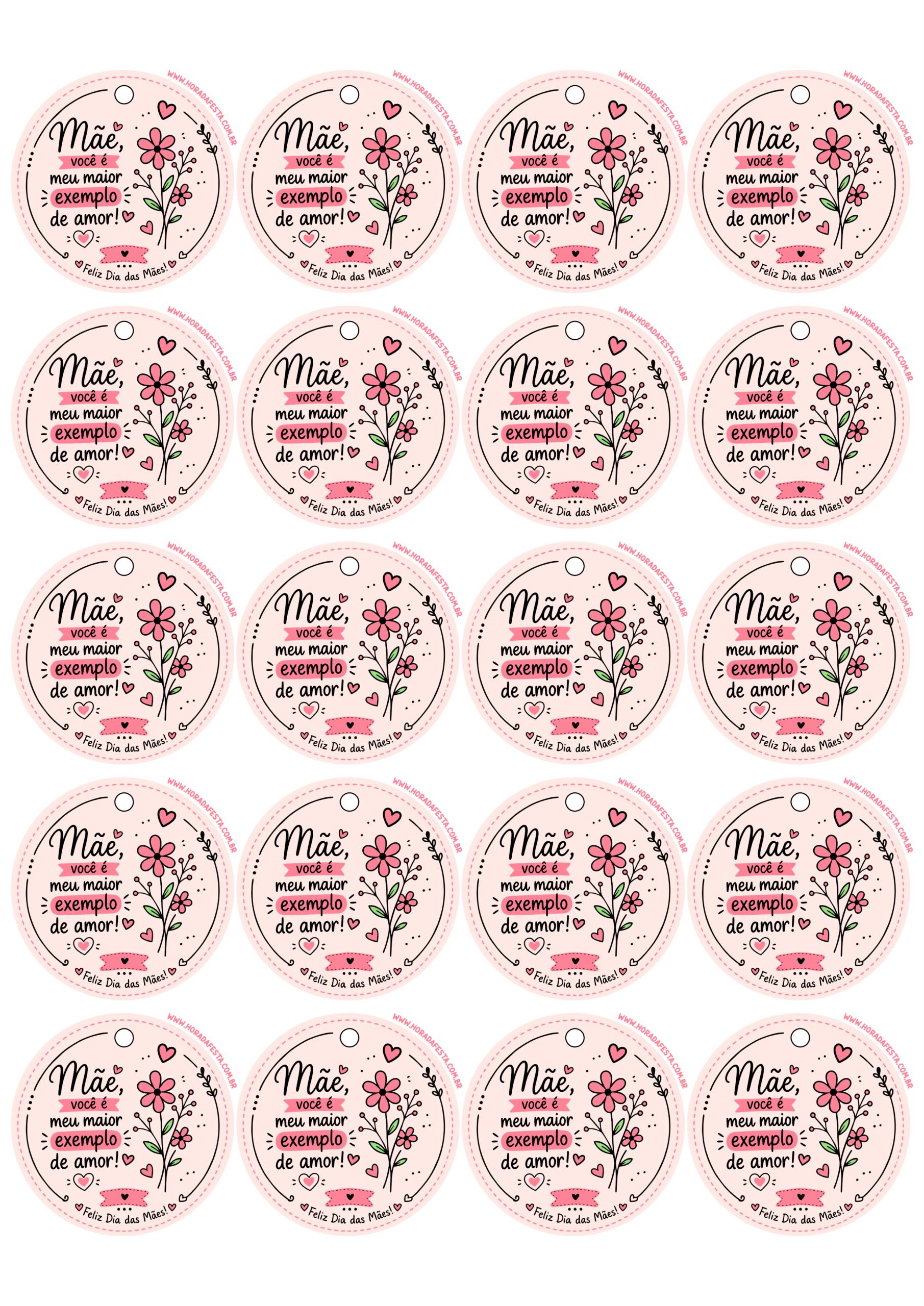 Tags para o dia das mães rosa com frase bonitinha mãe você é meu maior exemplo de amor adesivo redondo para imprimir 20 imagens png