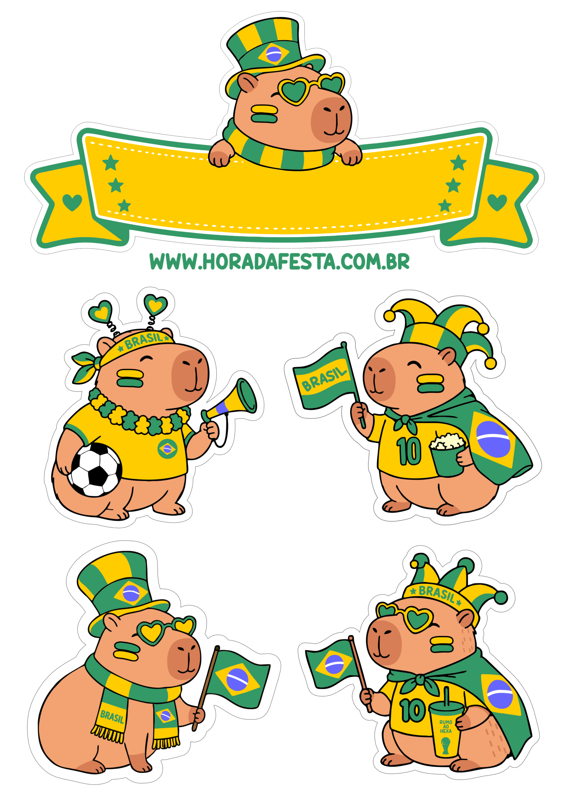 Topo de bolo copa do mundo 2026 capivara fofinha torcedora do Brasil rumo ao hexa imagens engraçadas png