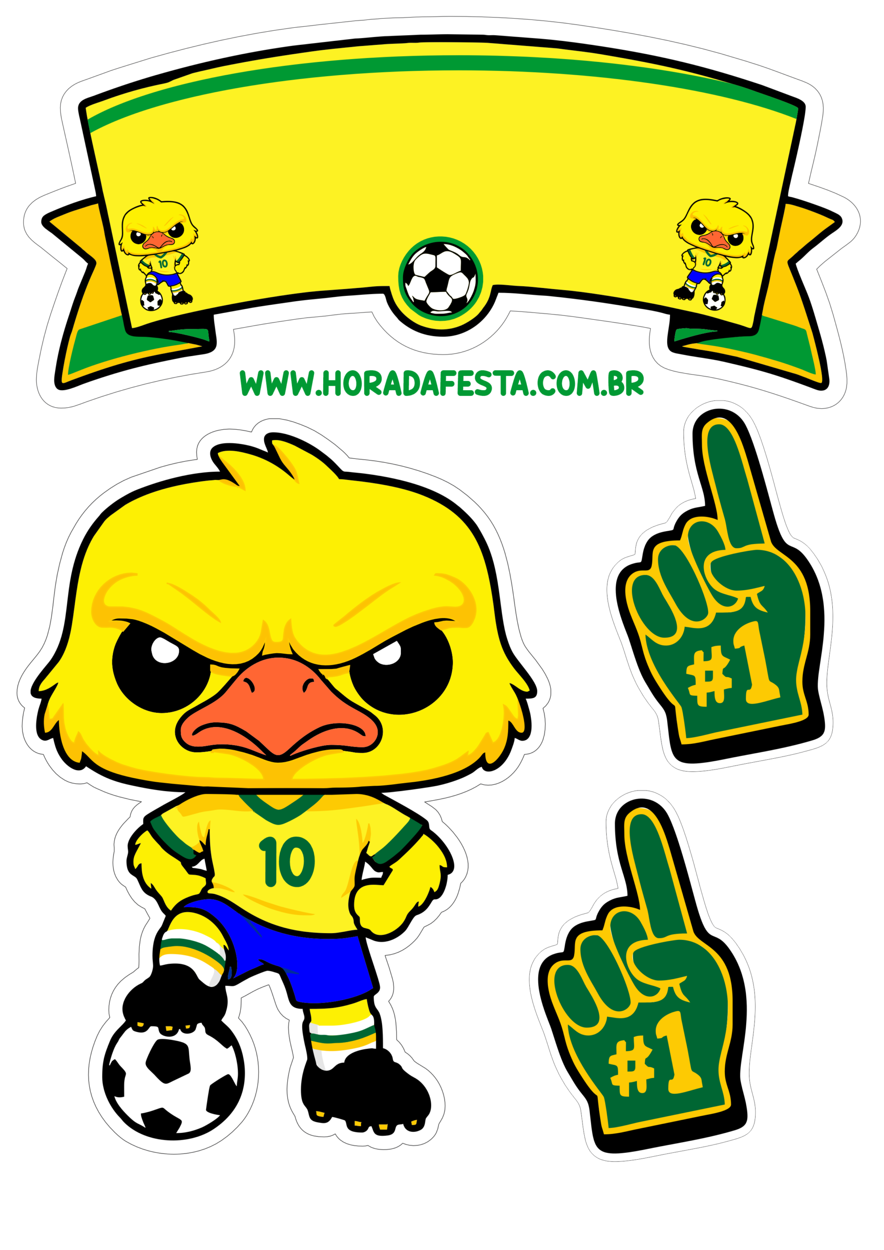 Topo de bolo canarinho pistola mascote do Brasil rumo ao hexa copa do mundo 2026 artigos de papelaria pronto para imprimir e decorar sua festa png
